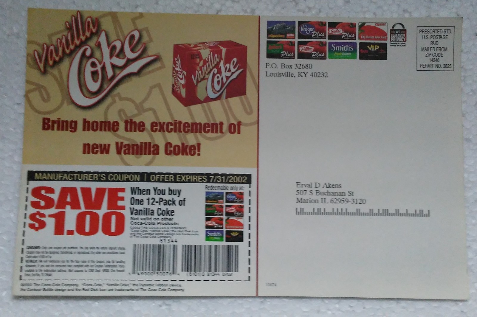 2002 Postcard–Vanilla Coke + $1.00 Coupon