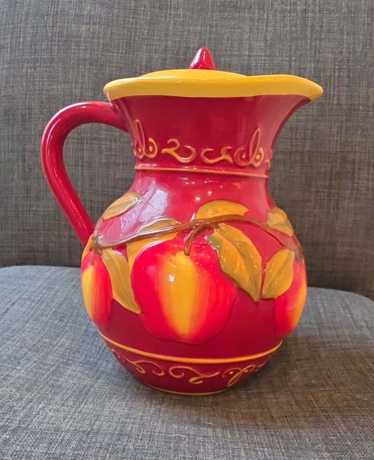 Nonni’s Biscotti Hand Painted Embossed Apple Ceramic Pitcher with Lid