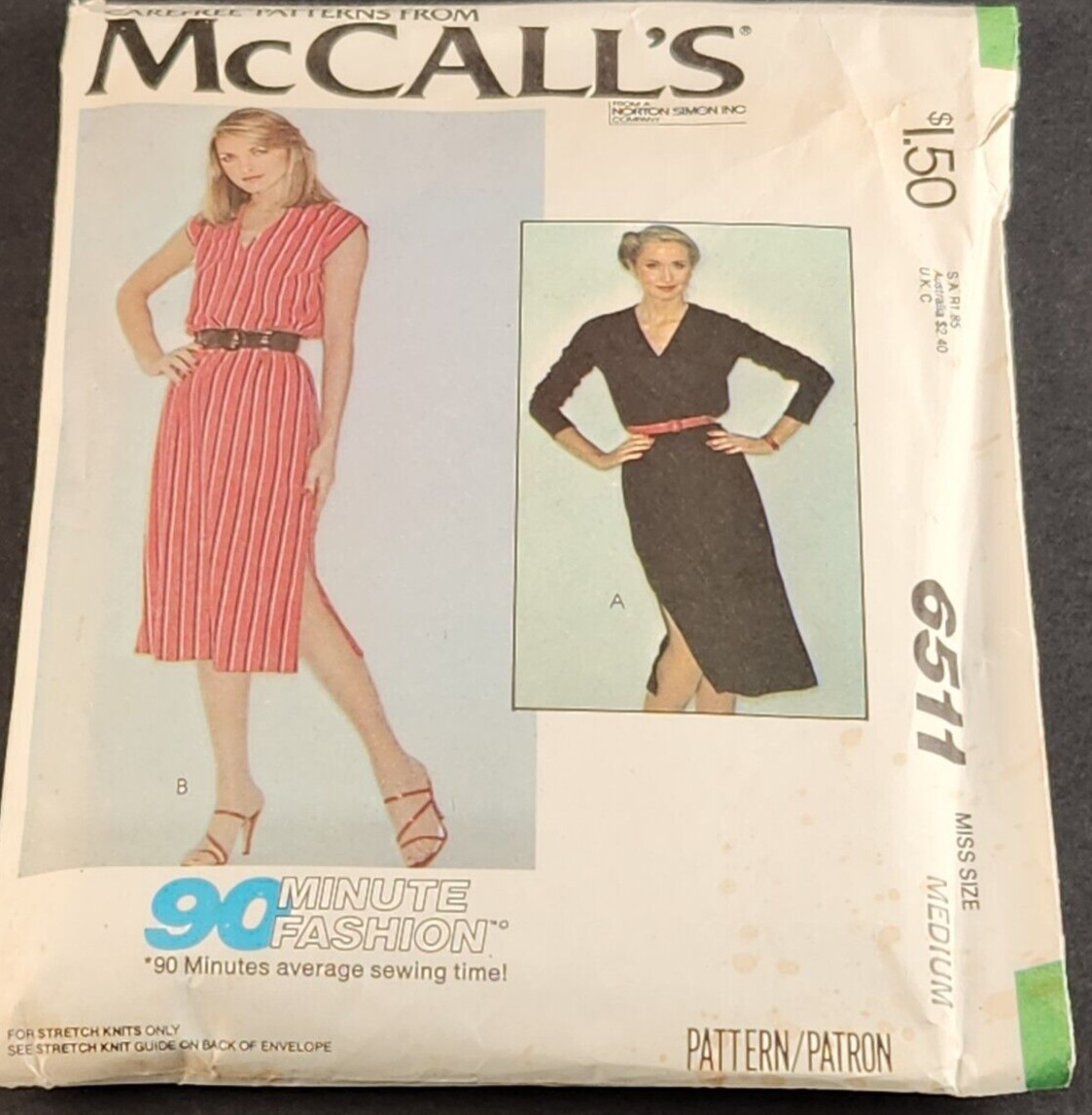 McCall’s 6511 Vintage Sewing Pattern Misses Stretch Knit Dress Size Medium