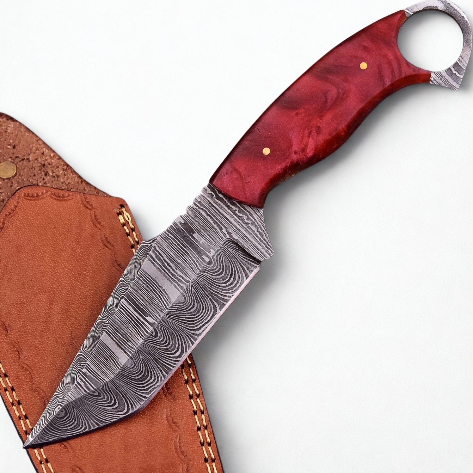 10″ Damascus Fixed Blade Boot Knife Red Resin Handle Bushcraft EDC w/ Sheath