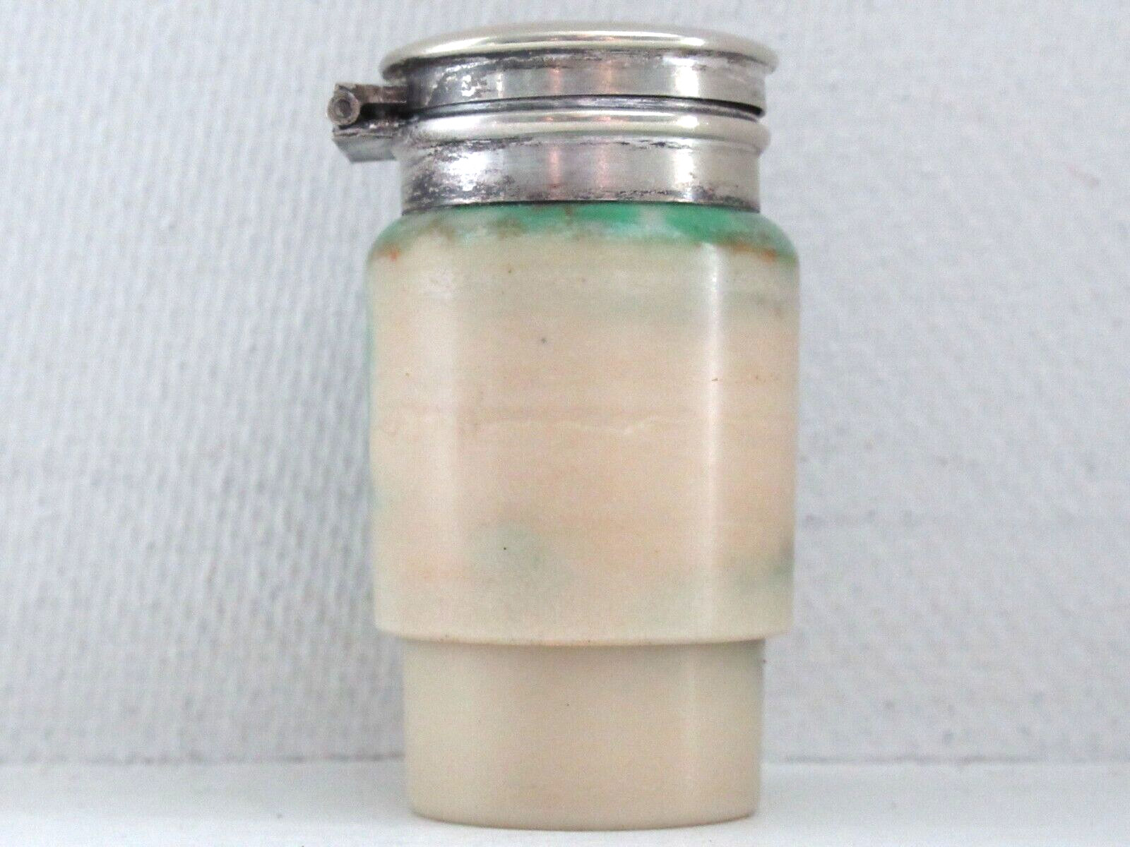 1890-1910 Art Nouveau Antique Ink Well Bottle Marbled Celluloid Hinge EPNS Lid