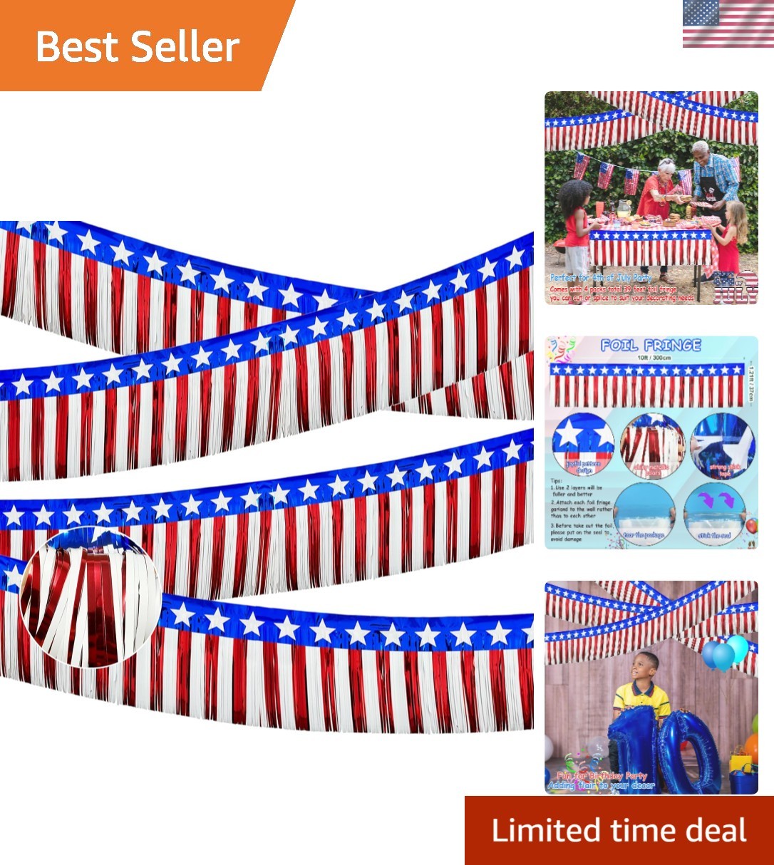 4 Packs 39Ft 4Th of July Parade Floats Foil Fringe, Each 10 Ft X 15” American F