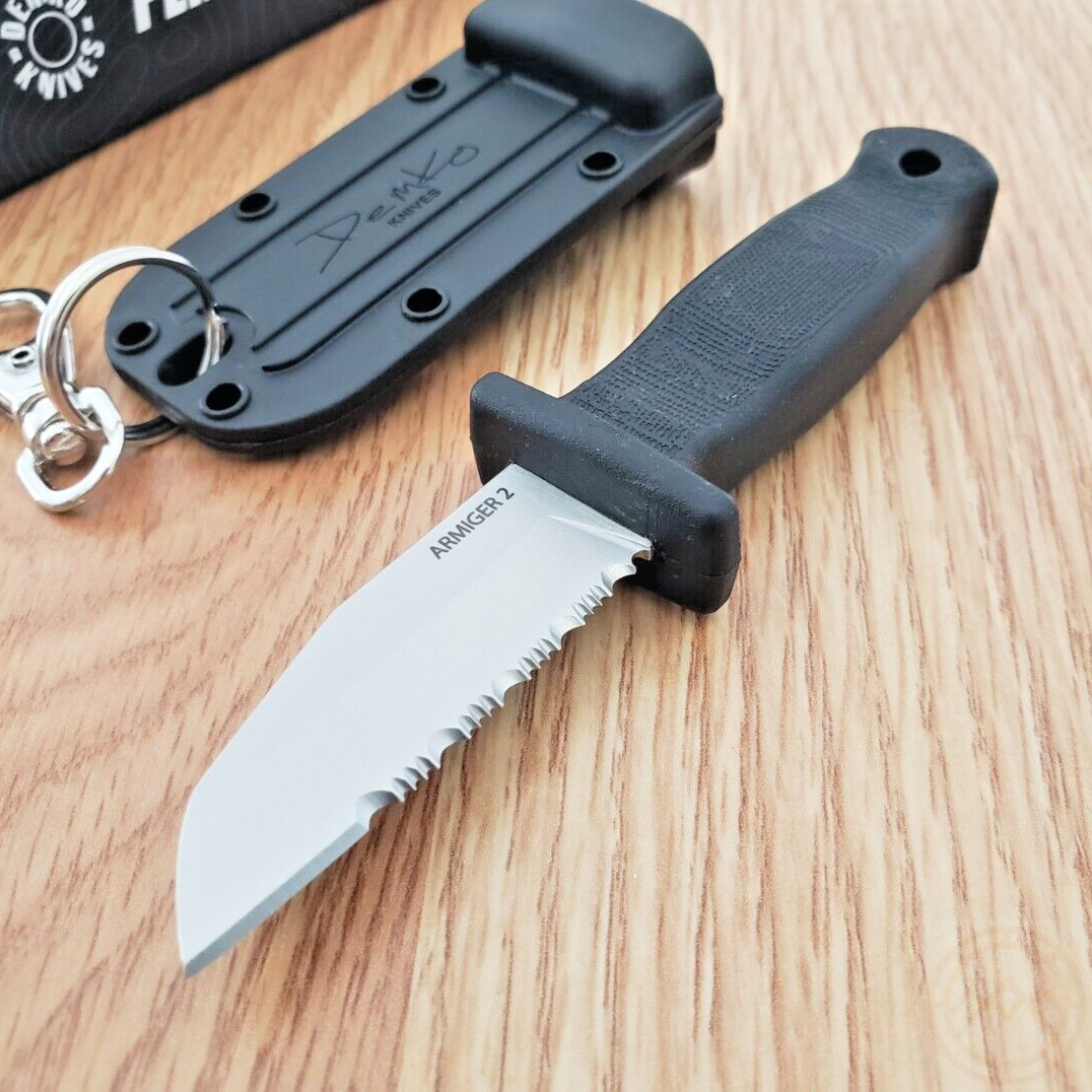 Demko Armiger 2 Fixed Knife 2″ 4034 Steel Shark Foot Blade Black TPR Handle
