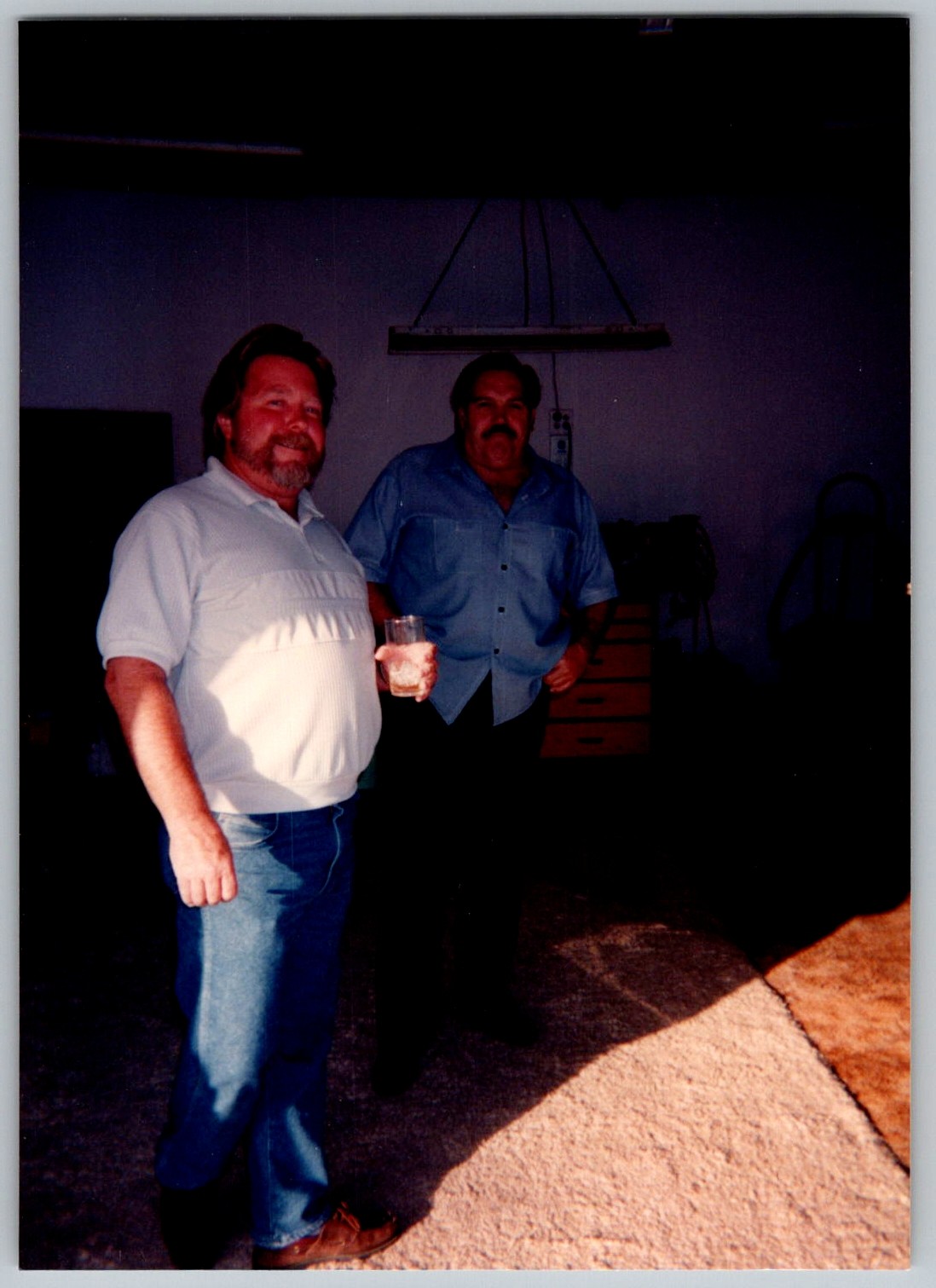 Vtg Color Snapshot Two Men Standing Indoor Garage Setting Drinks 1990s