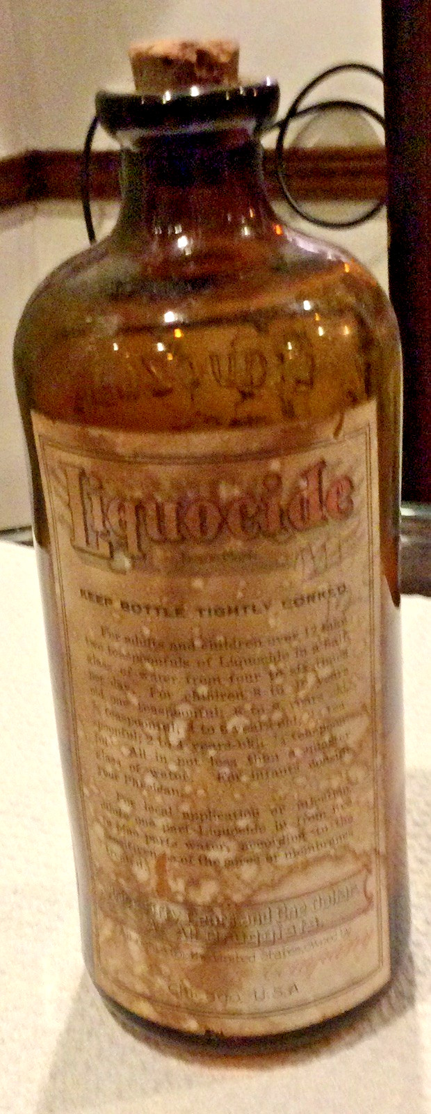 Antique Embossed LIQUOCIDE / LIQUOZONE Amber Glass Bottle FULL LABEL➕ 1/3 LIQUID