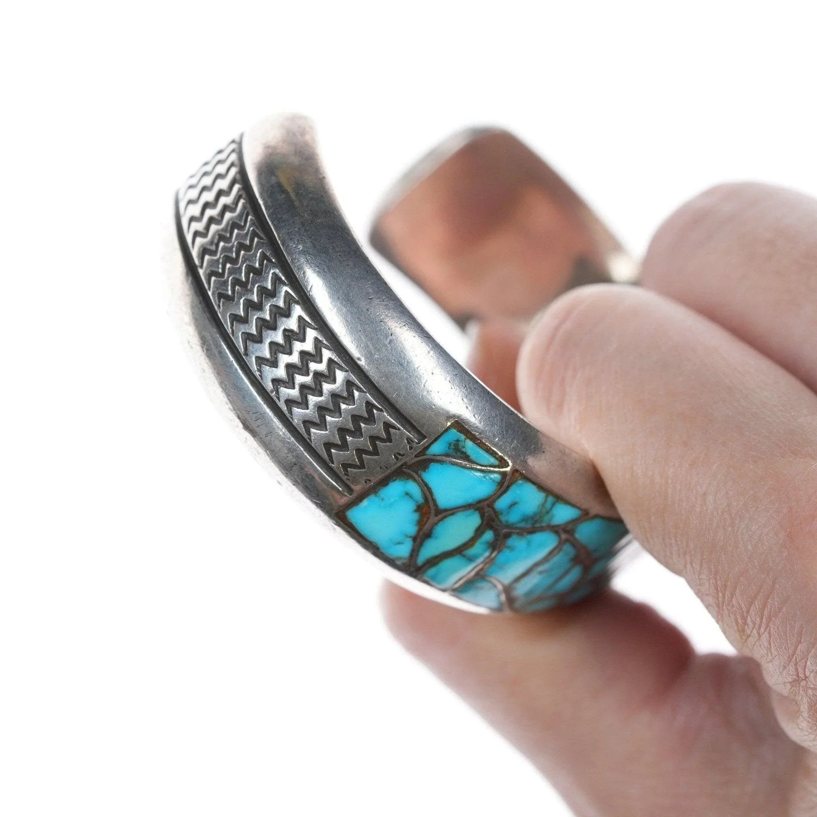 6.875 c1950’s Zuni Channel inlay sterling and turquoise cuff bracelet