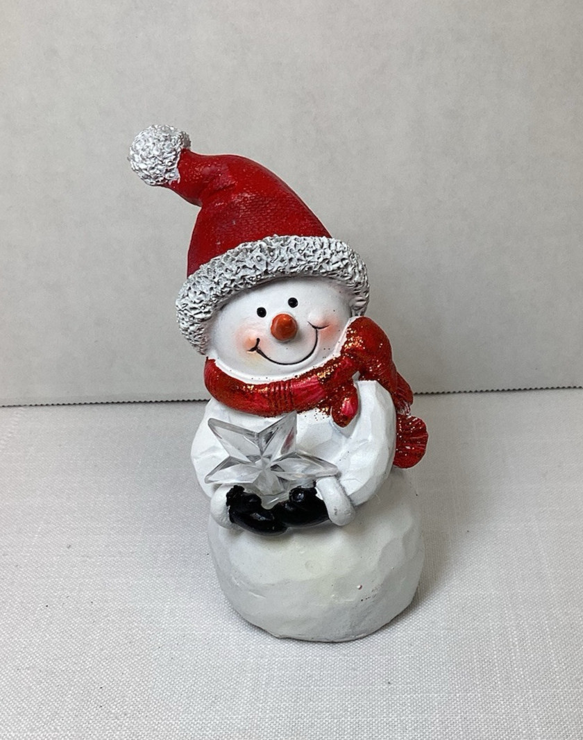 Snowman Holding a Changing Multicolor Light Up Star, Santa Hat Christmas, 5″