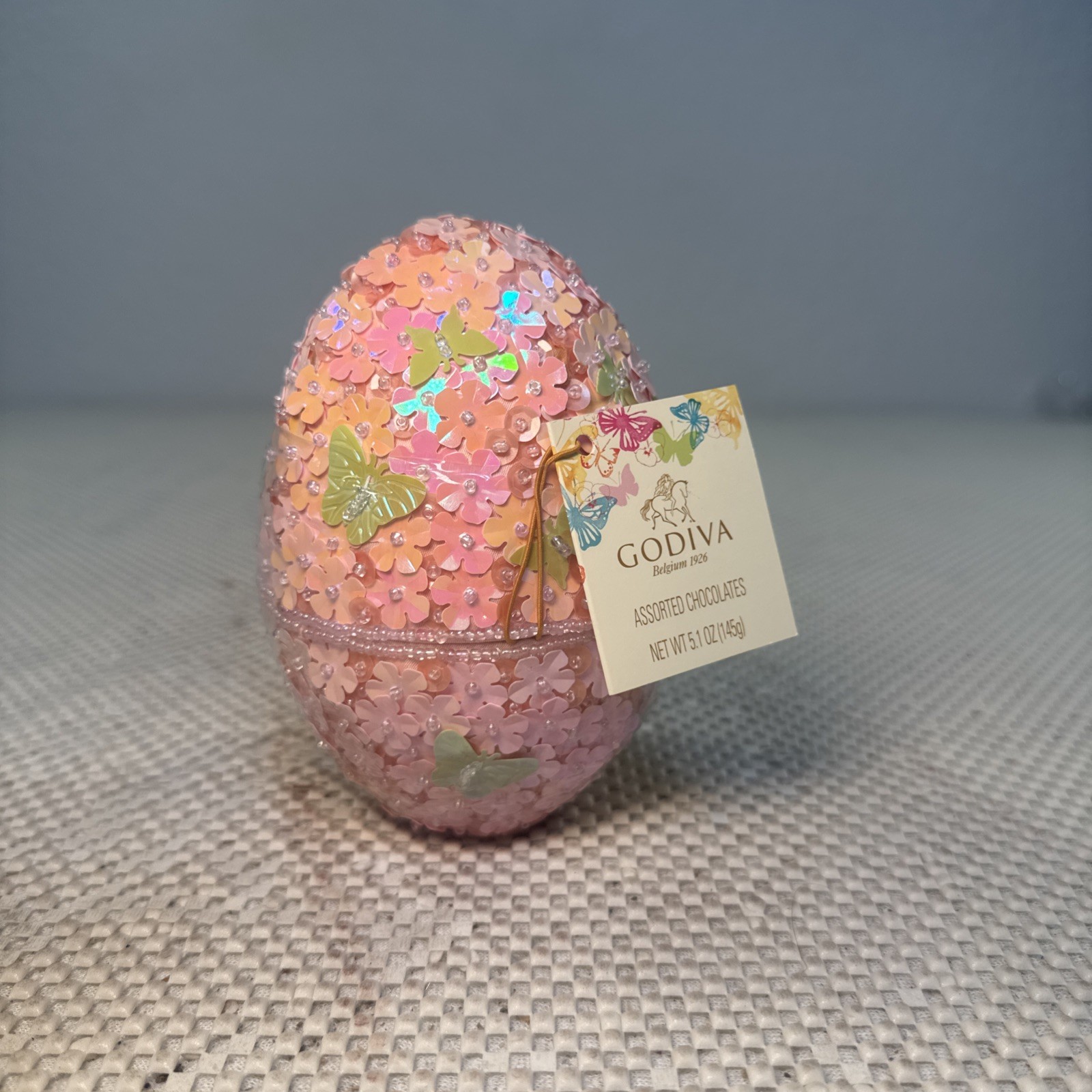 Godiva Trinket Box Lined Egg Pink Beads Sequins Butterflies Easter 5″