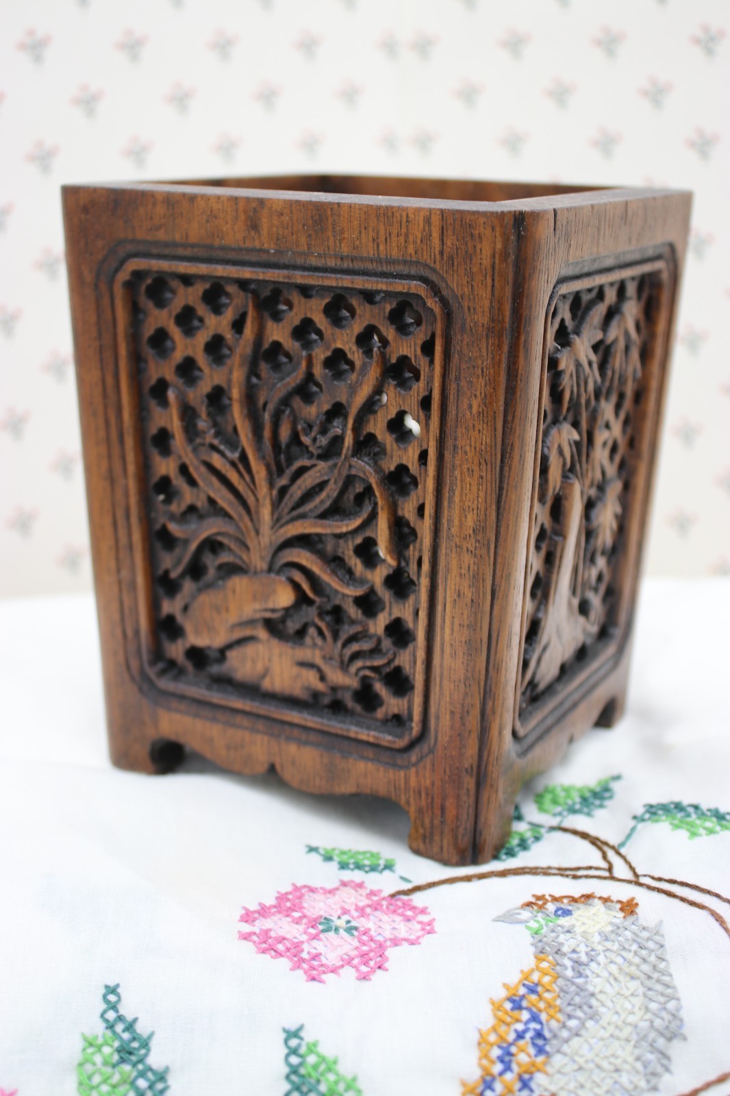 Vintage Carved Wood Asian Planter 6 Inches Tall, 4 Inches Square.