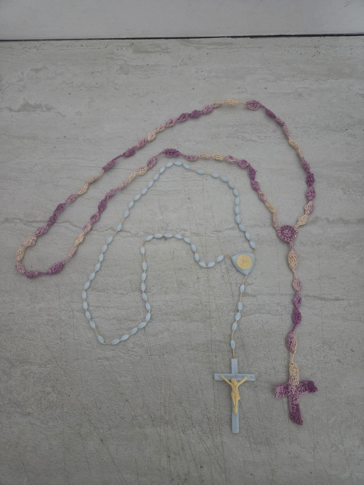 4~Catholic Rosaries~Hand Stiched~Light Blue Plastic~Pink & Clear~1 Missing Cross