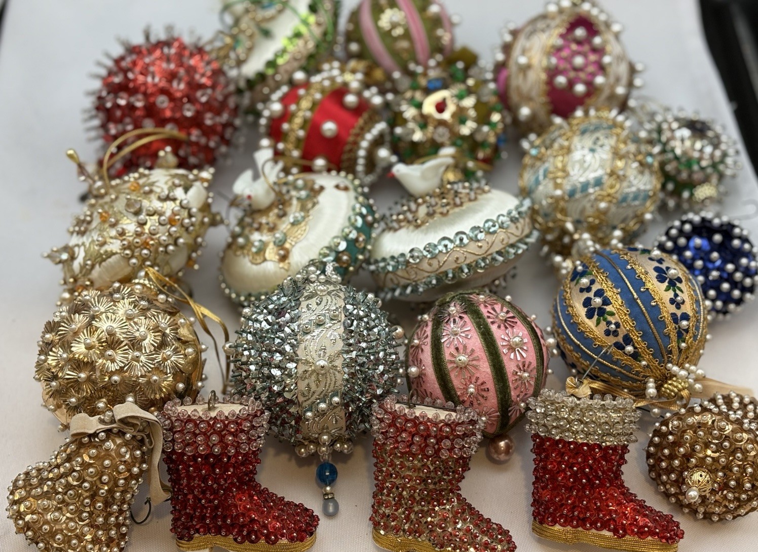 Vintage Lot Of Christmas Handmade Ornaments Beaded Jewel Push Pin Ornate Sequin