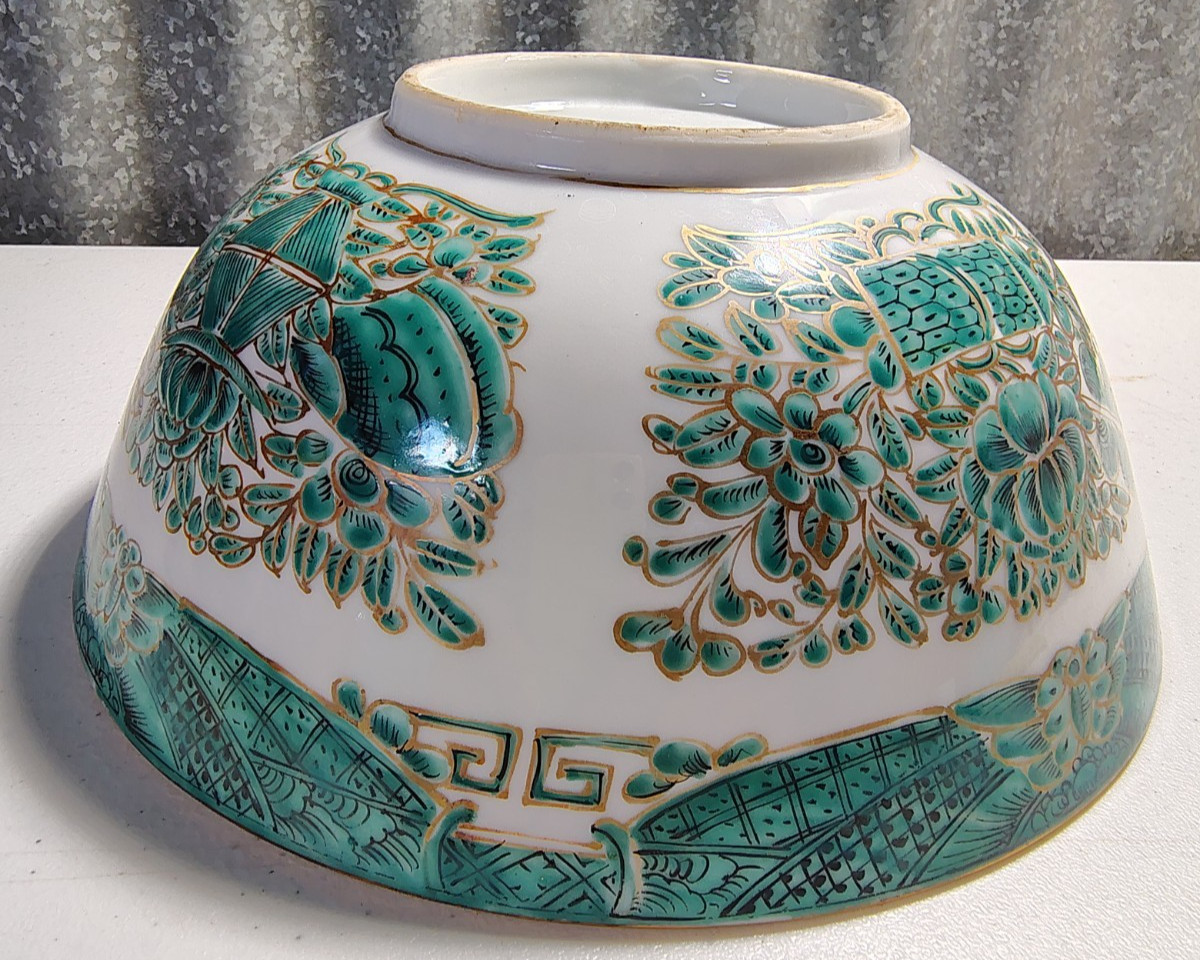 3 Bowl Set ~ VINTAGE CHINESE “Fitzhugh” GREEN WHITE BLACK W GOLD TRIM PORCELAIN