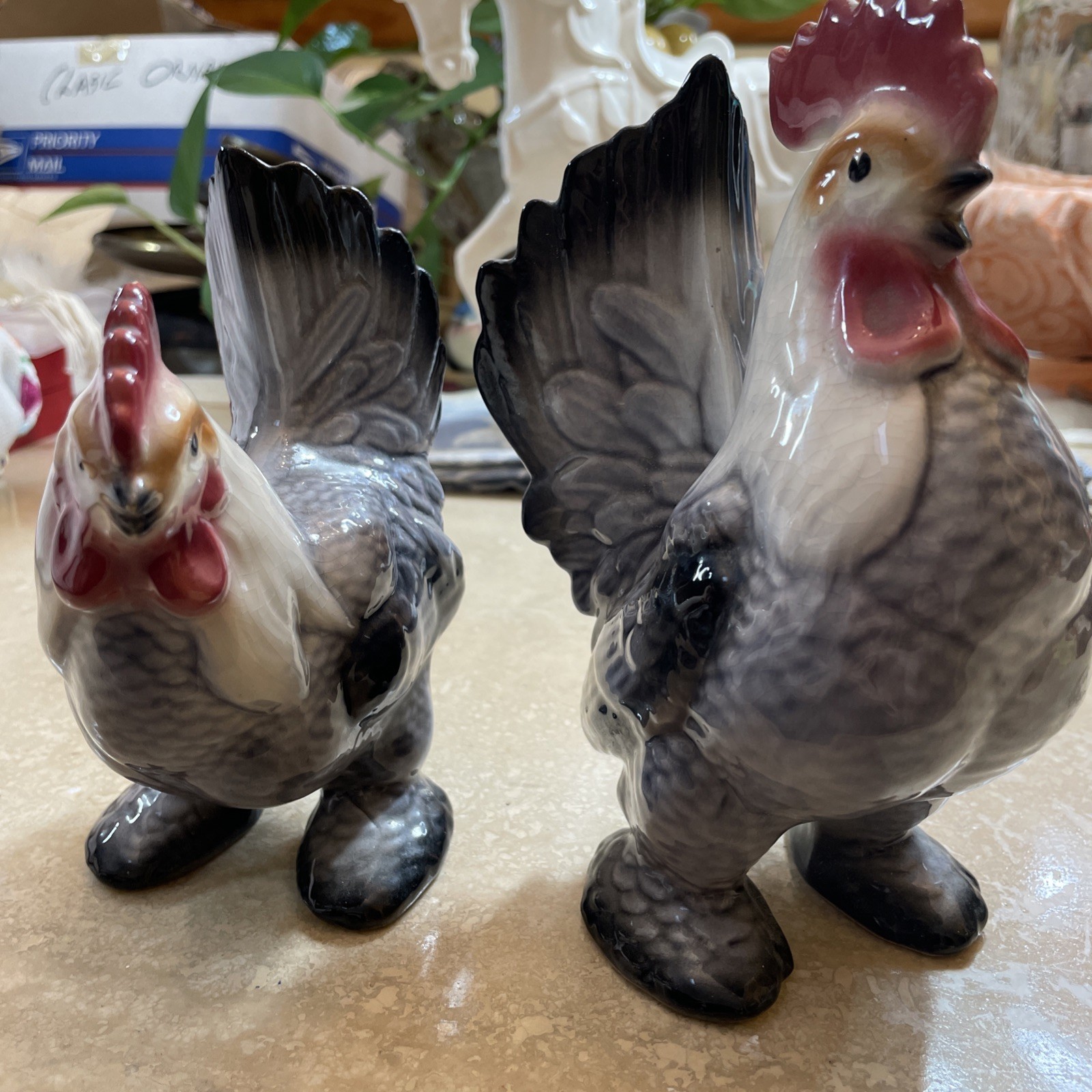 Vintage Royal Copley Rooster And Hen Figurine’s. Porcelain. Bell Bottoms. Nice.