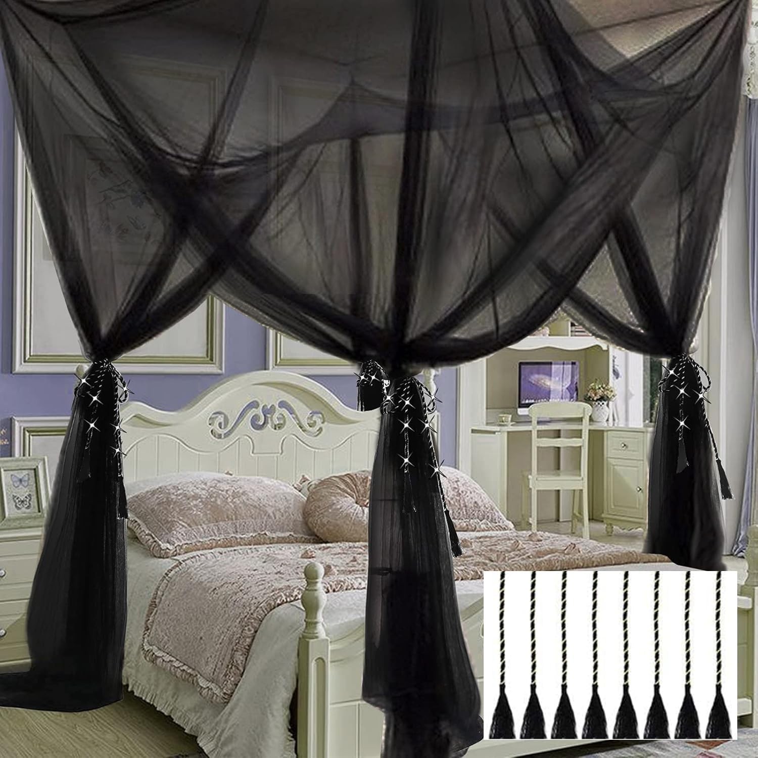 Bed Canopy Mosquito Net for Full Queen King Bed – Black, Easy Install
