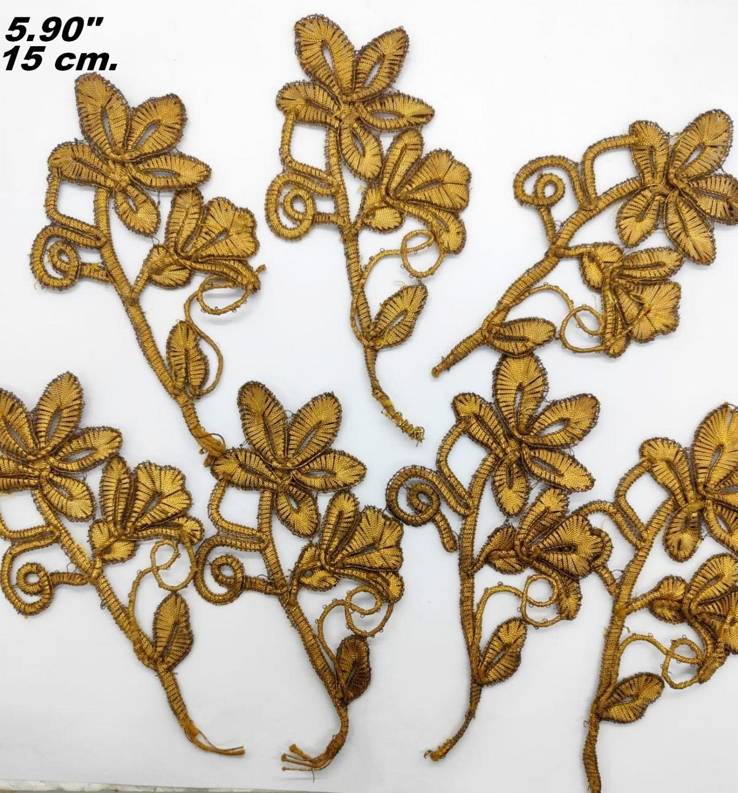 ANTIQUE GOLD METALLIC EMBROIDERY FLOWERS LOT x 7 EMBELLISHMENT APPLIQUE