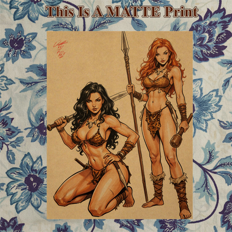 Cavewoman Color Illustration Mixed Media Fine Art Print 8.5×11 – Keyeske