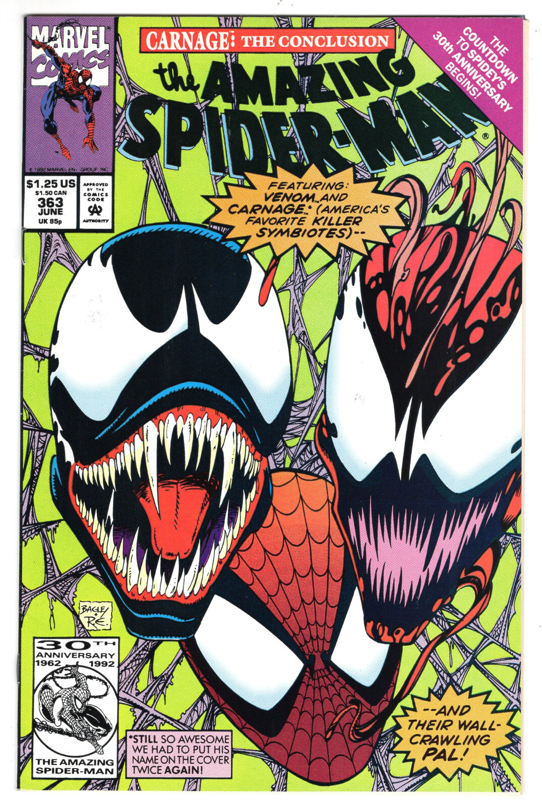 Amazing Spider-Man #363 Very Fine-Near Mint 9.0 Venom Carnage Bagley Art 1992