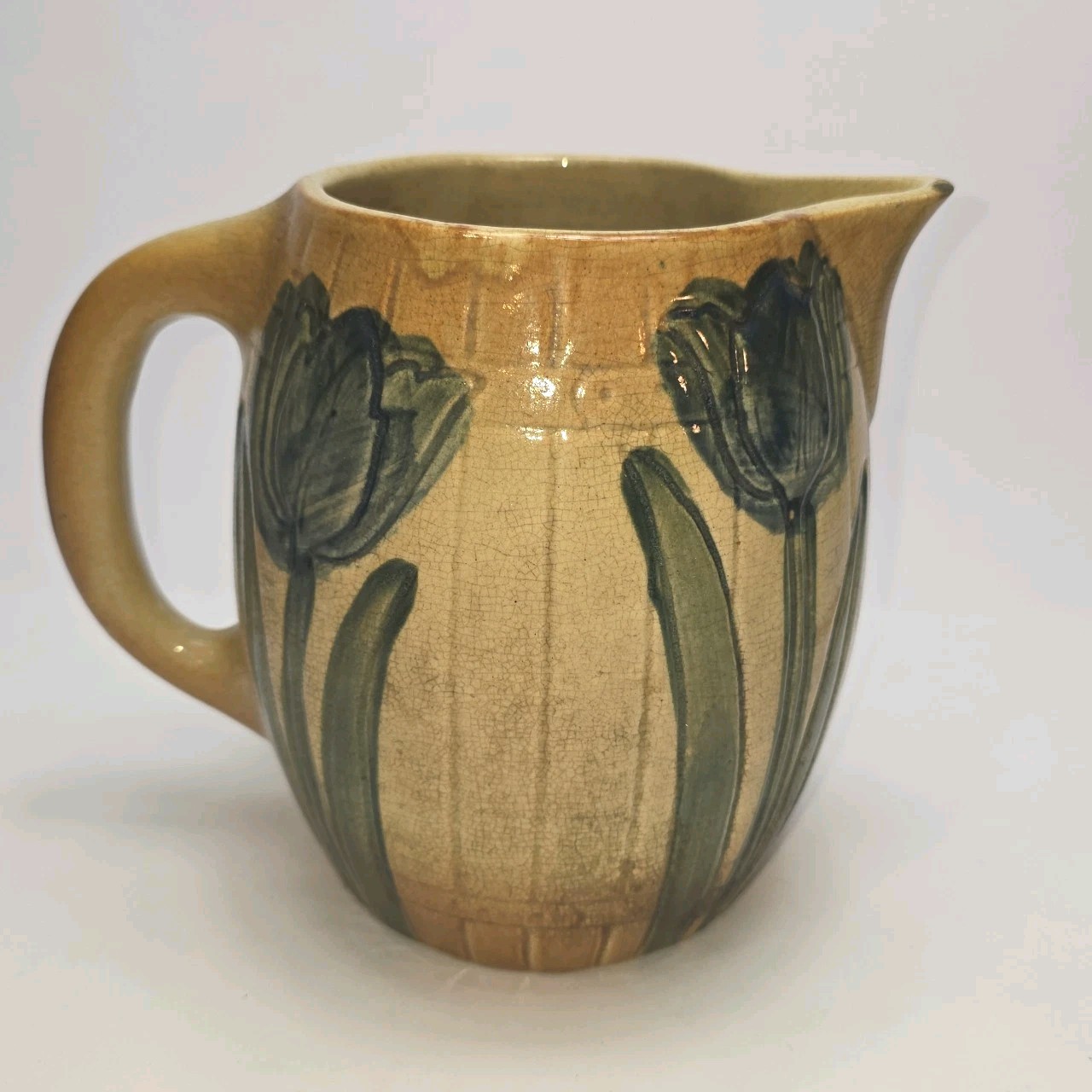 Early 1900s Roseville Pottery Blue Tulip Flower Water Pitcher Heavy Checkering.