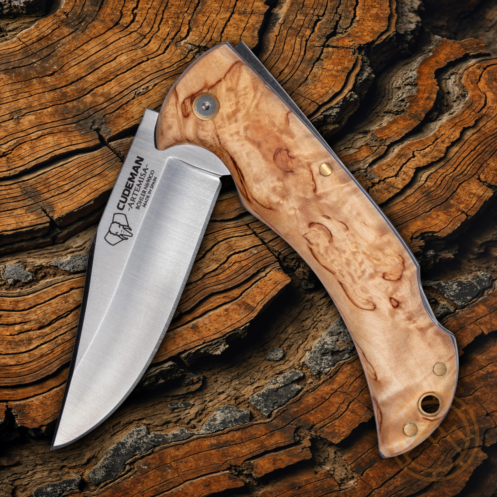 Cudeman 326 Lockback Folding Knife 3.5″ N690 Steel Blade Curly Birch Handle