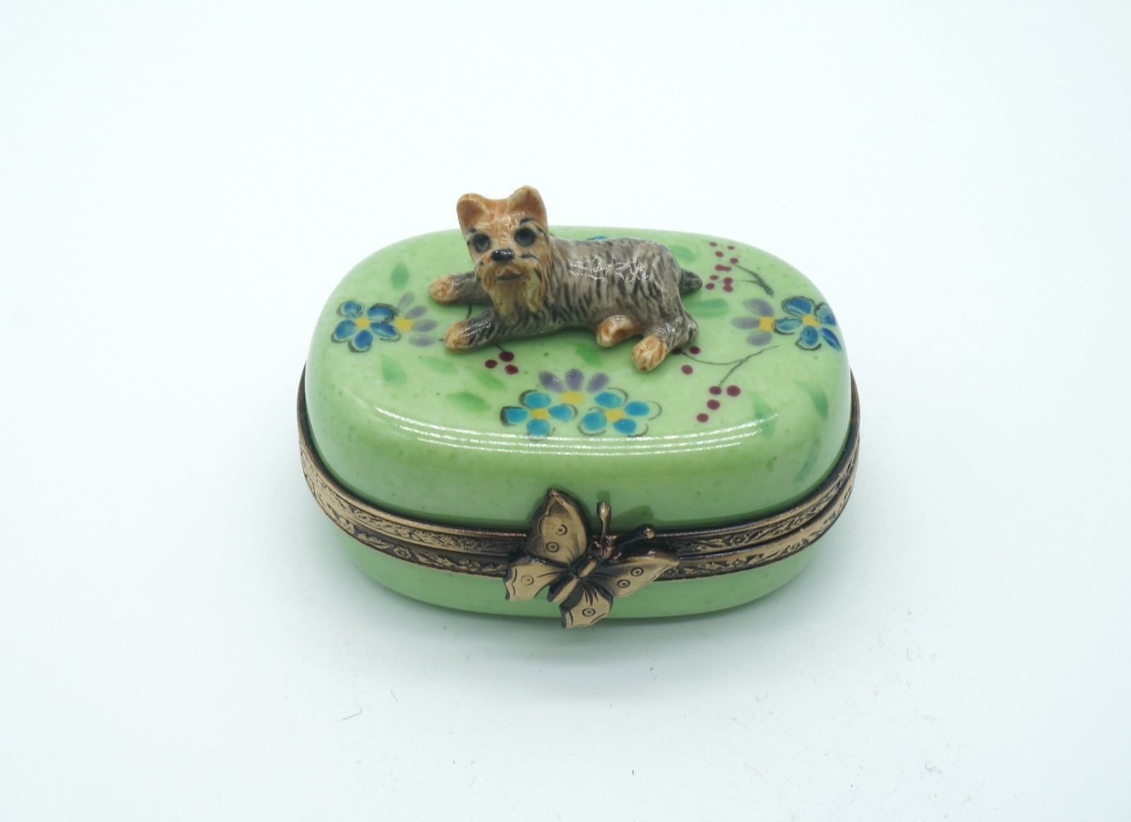 New French Limoges Trinket Box Cute Yorkie Dog Puppy on Beautiful Floral Box