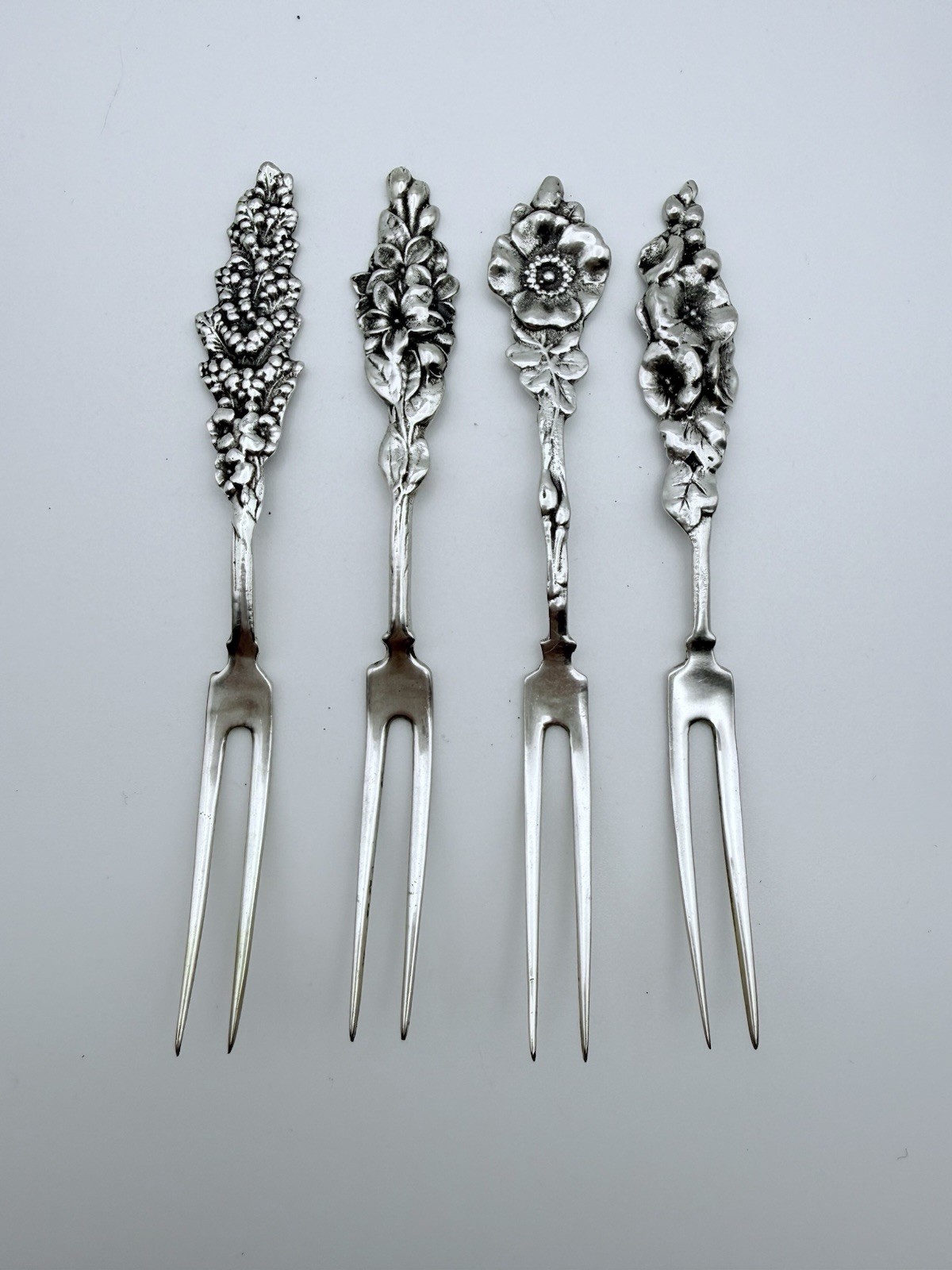 Lot of 4 Sterling Silver Floral Handled Cocktail Forks