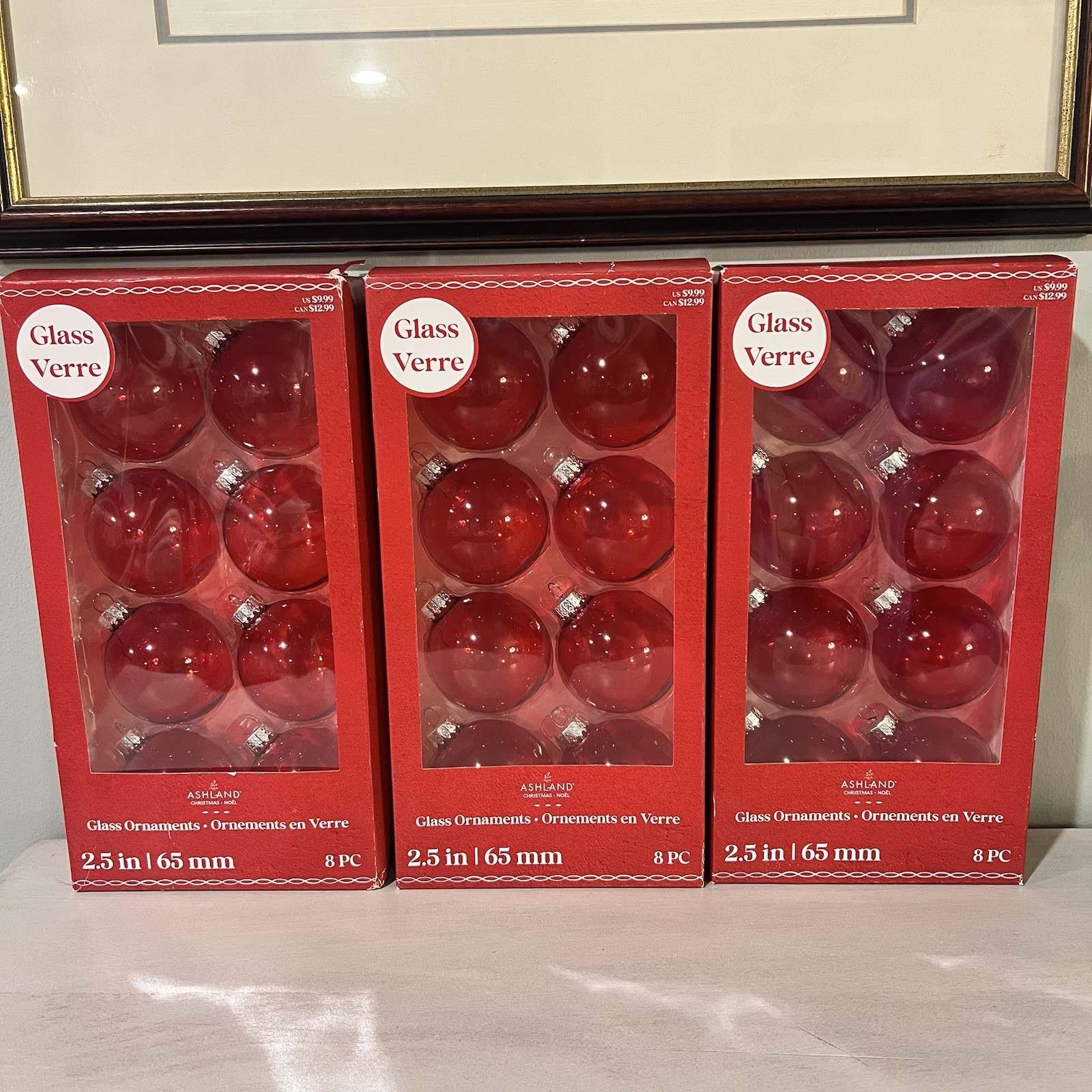 New! Ashland Glass Christmas Ornaments 3 boxes 8 Per Box 24 Total Clear Red 2.5″