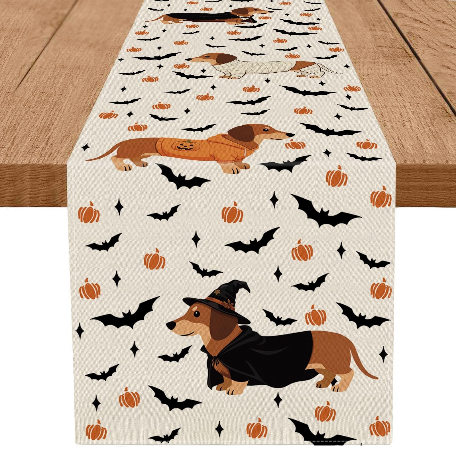 QIONG MENG Halloween Table Runner Dachshund Dog 13” x 72”, X 72”