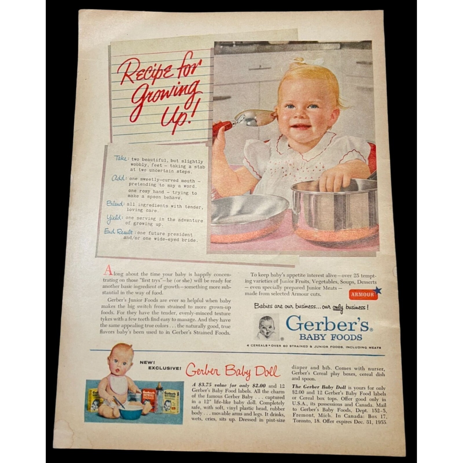 Gerbers Baby Food Vintage Color Print Ad 1950s Food Kitchen Decor Baby Doll