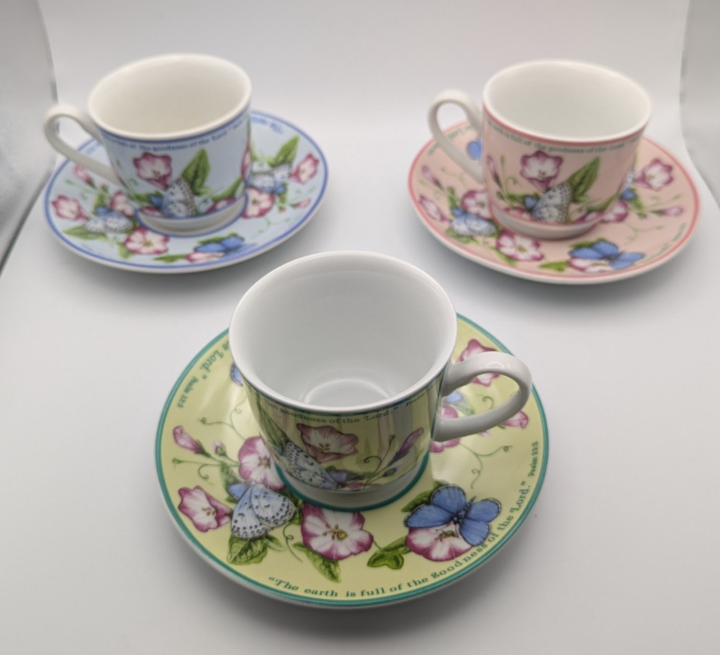 Vintage Psalm 33.5 Tea Cup and Saucer Set of 3 Butterflies and Florals