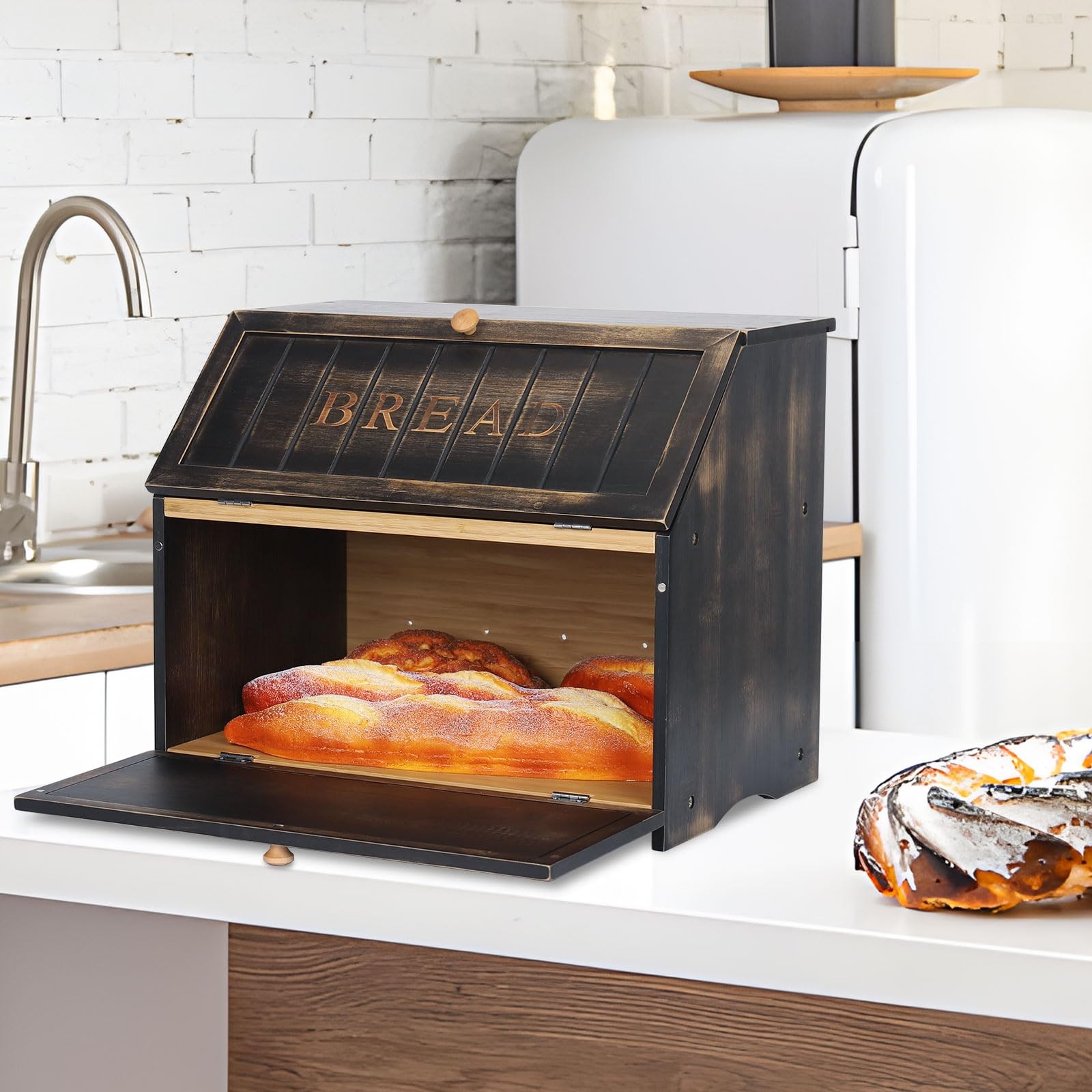 Double Layer Large Bread Box For Kitchen Counter Retro Design Wooden Large Capac