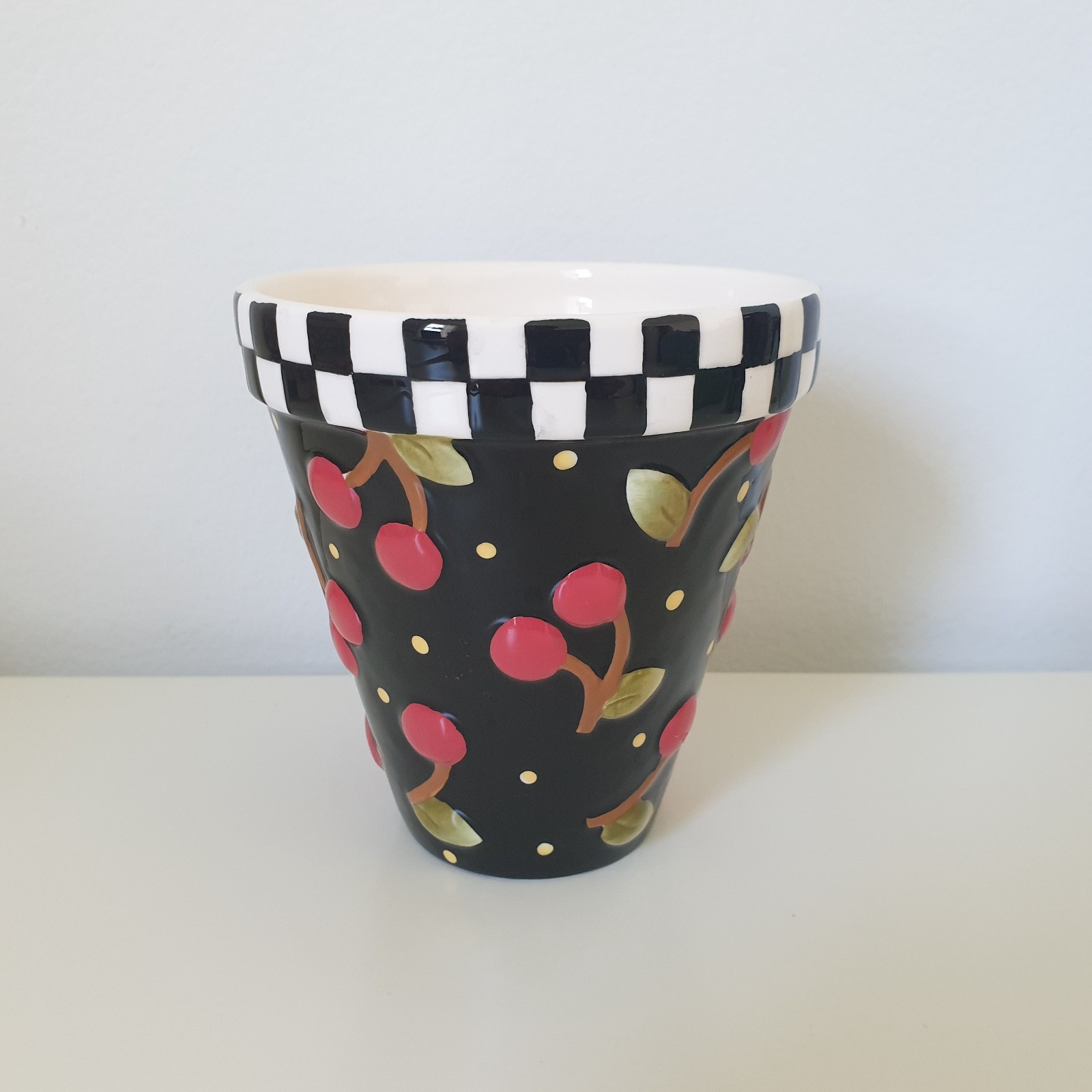 Mary Engelbreit Cherry Ceramic Flower Planter Pot Check Embossed Cherries Plant