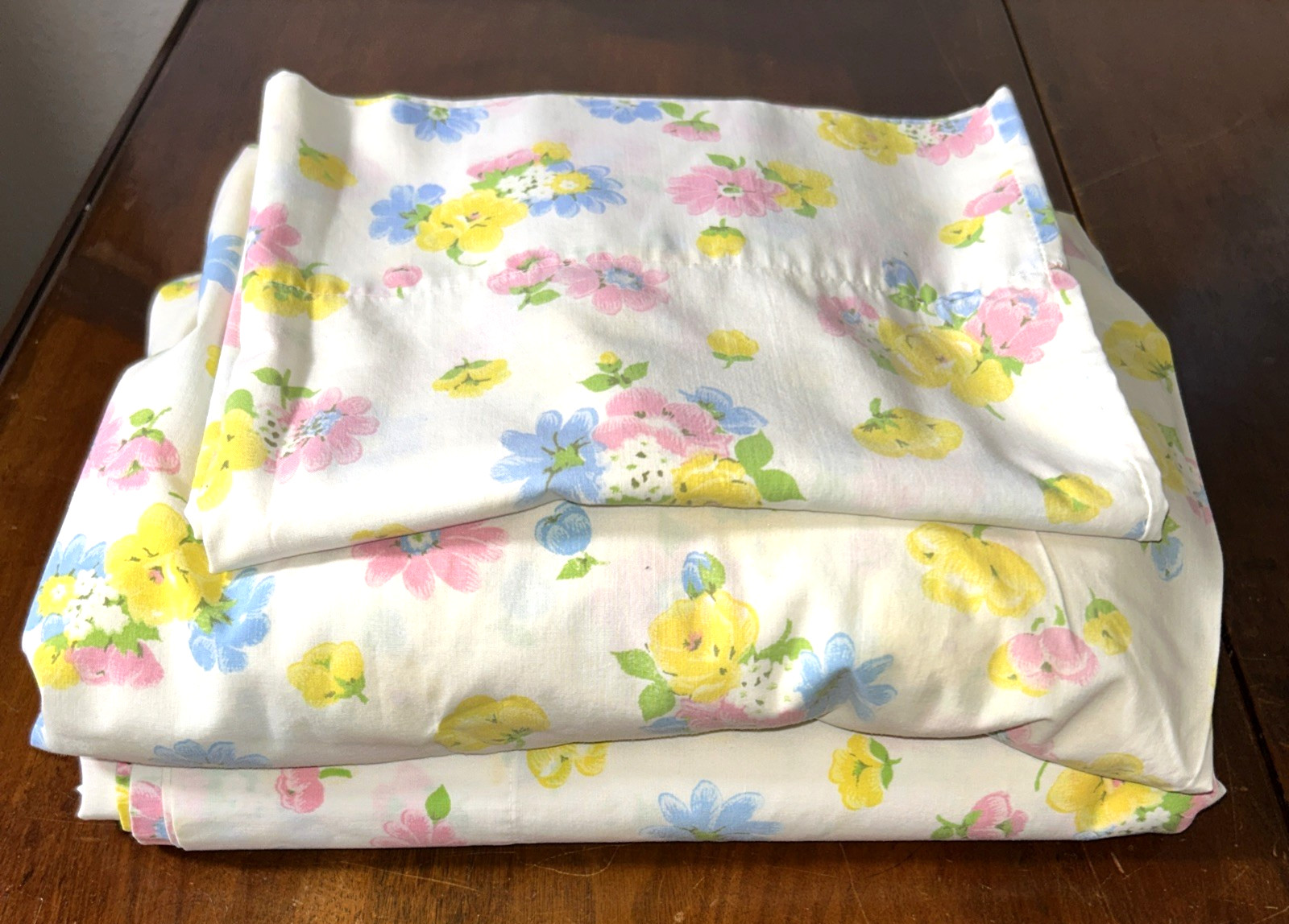 Vtg Twin Sheet Set 1970’s Pink & Yellow Flowers Cotton Flat Fitted Pillowcase