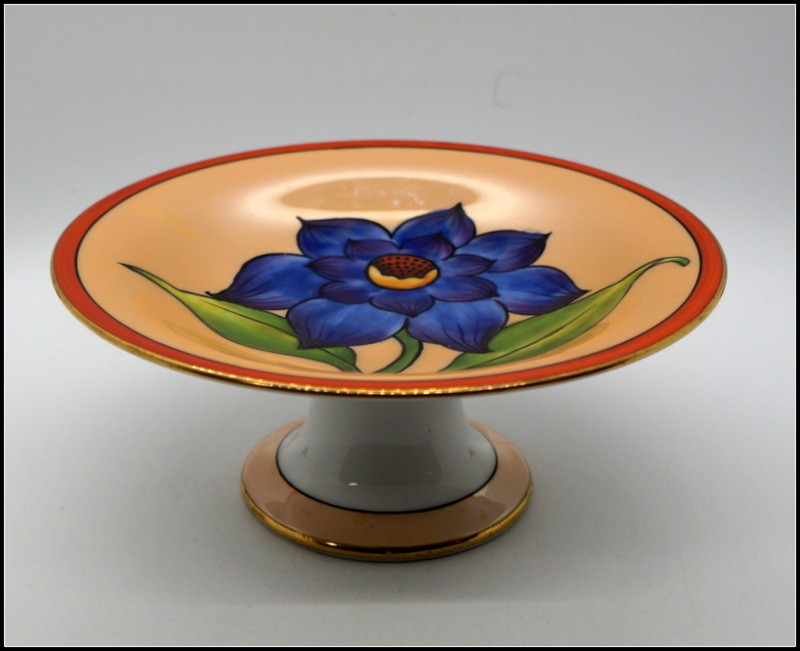 Art Deco Noritake Lusterware Pedestal Dish Large Blue Flower 1920s Green Mark
