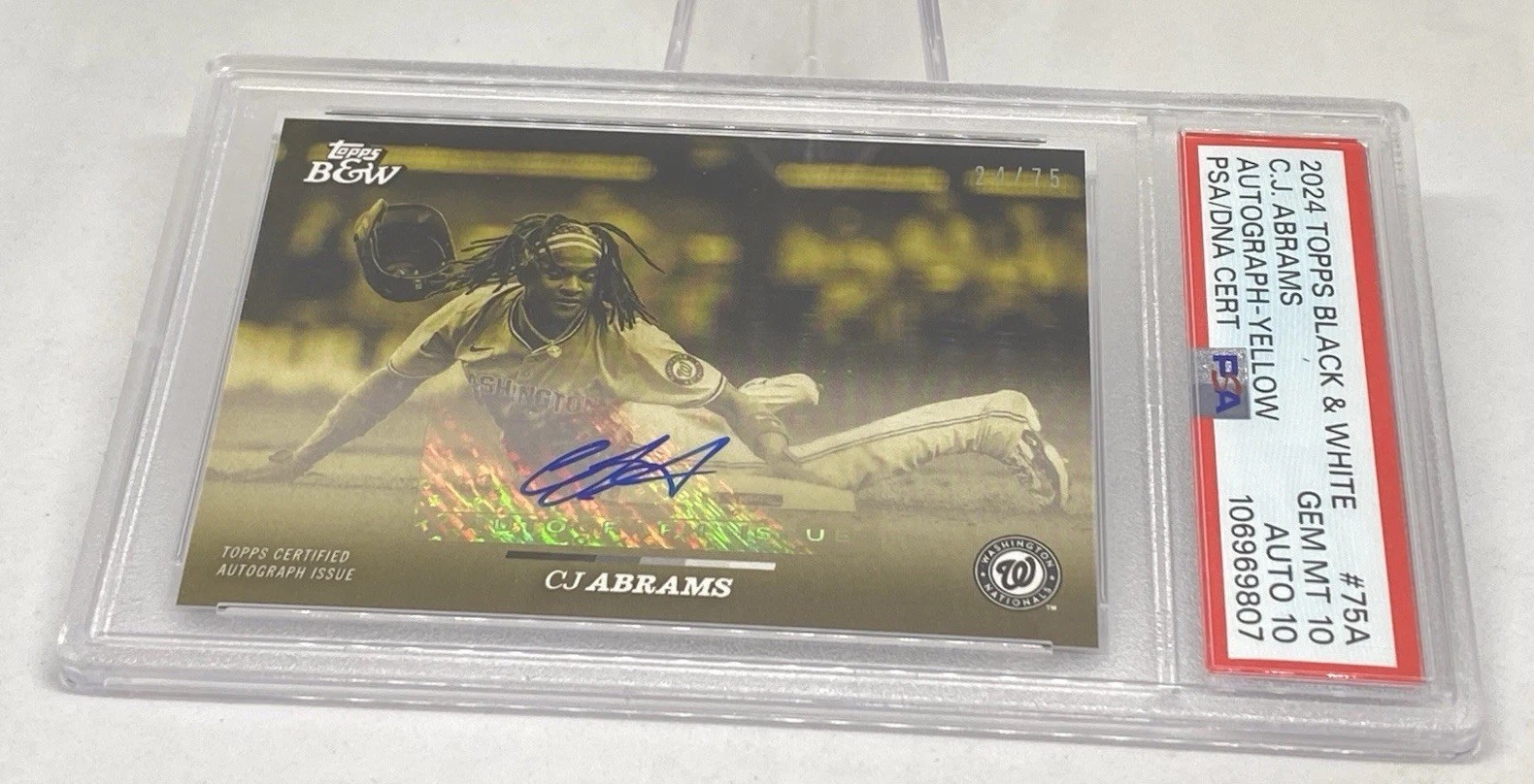 CJ Abrams 2024 Topps Black & White Yellow /75 AUTO 10 PSA 10 GEM MT POP 1
