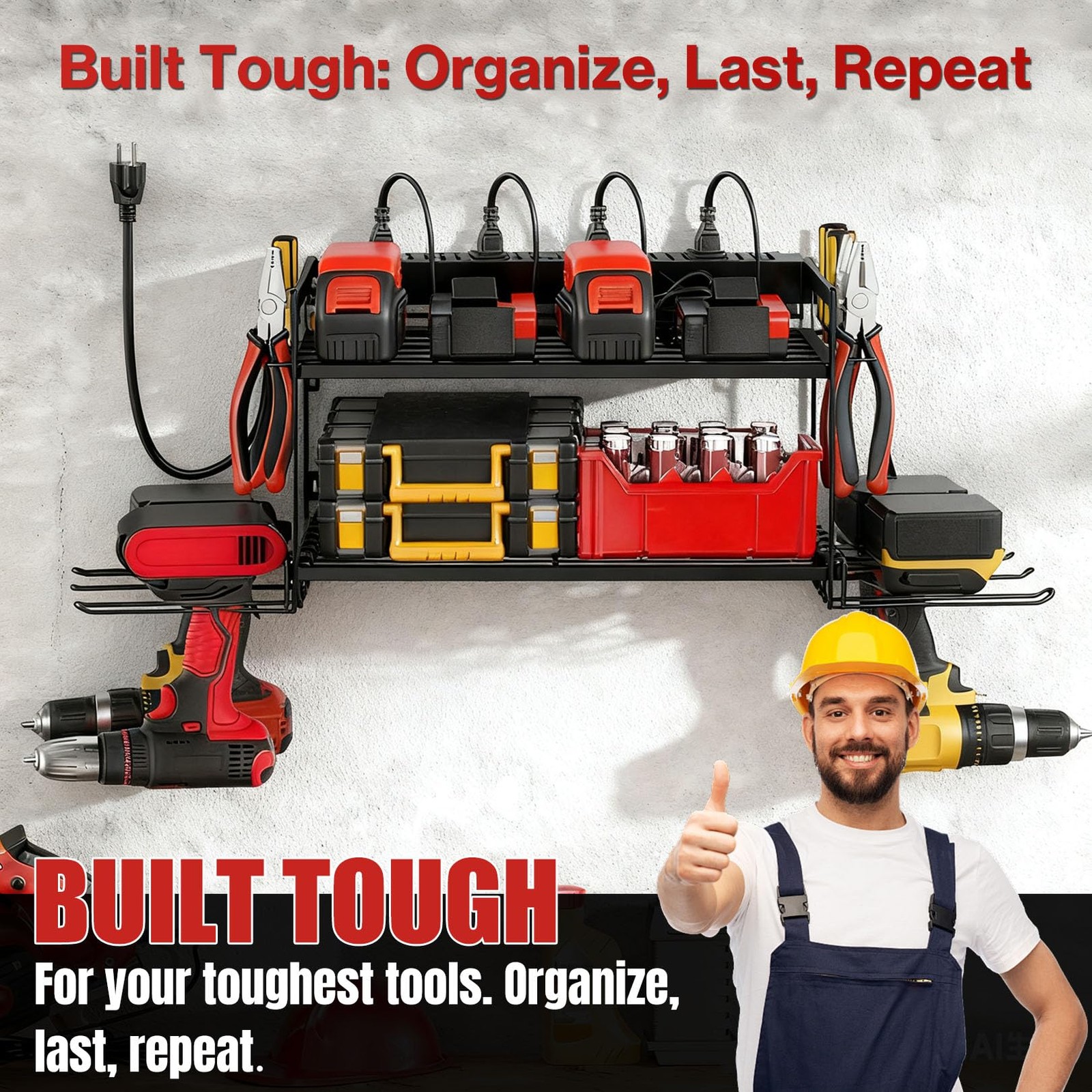 SecureElastic Garage Tool Organizer Charging Station & Power Strip – 4 Drill
