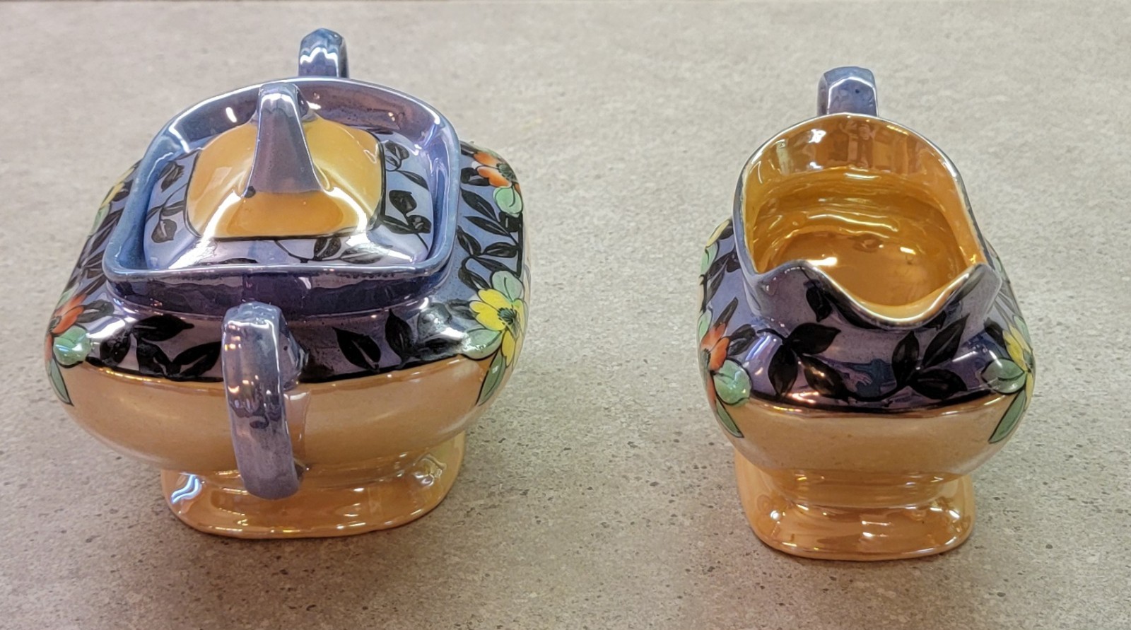 Vintage JAPAN Hand Painted LUSTERWARE Butterfly Flower CREAMER & SUGAR BOWL Set