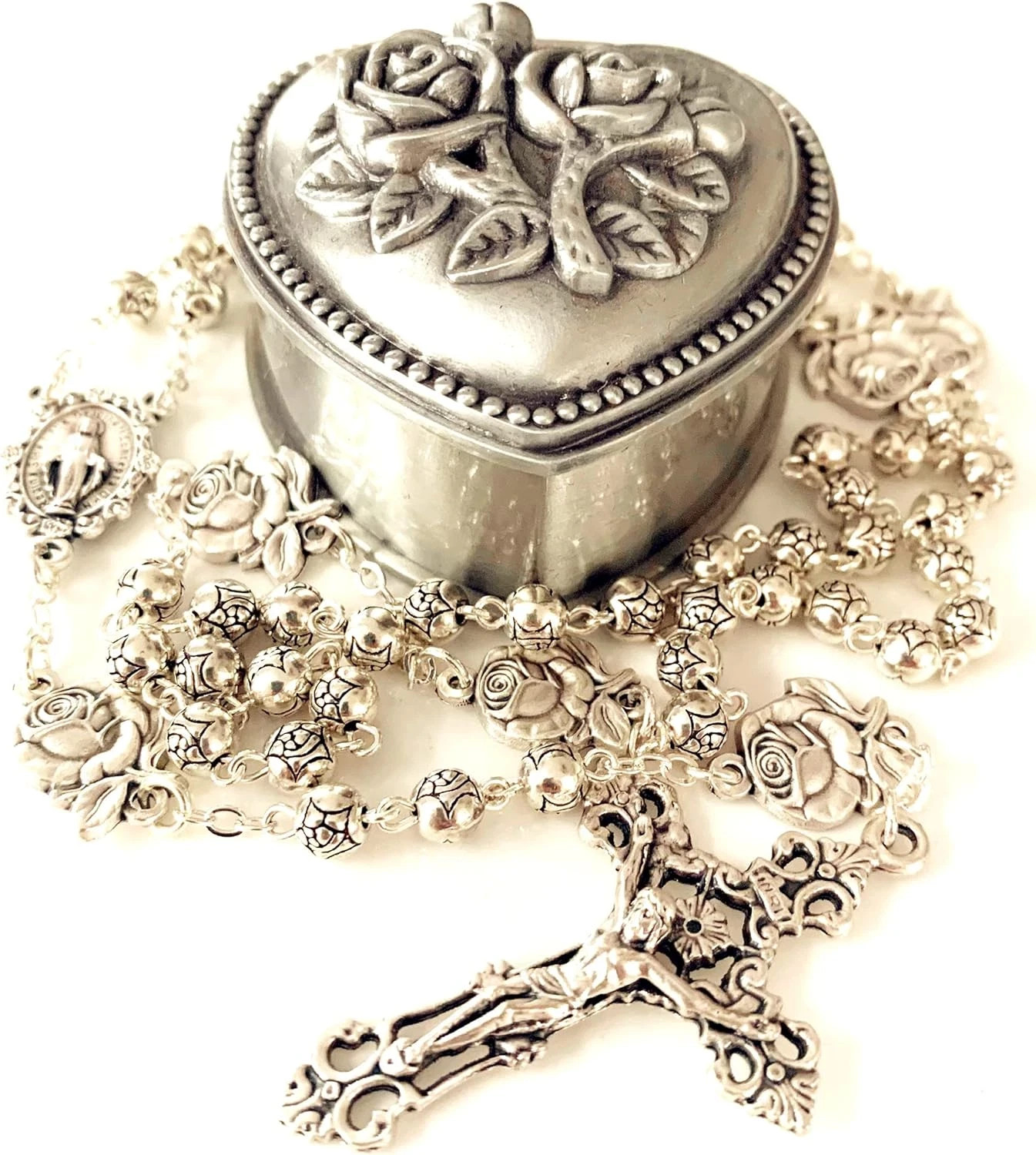 HANDMADE Silver Rose Beads Catholic 5 DECADE Rosary Case Cross Gift Box Italy Cr