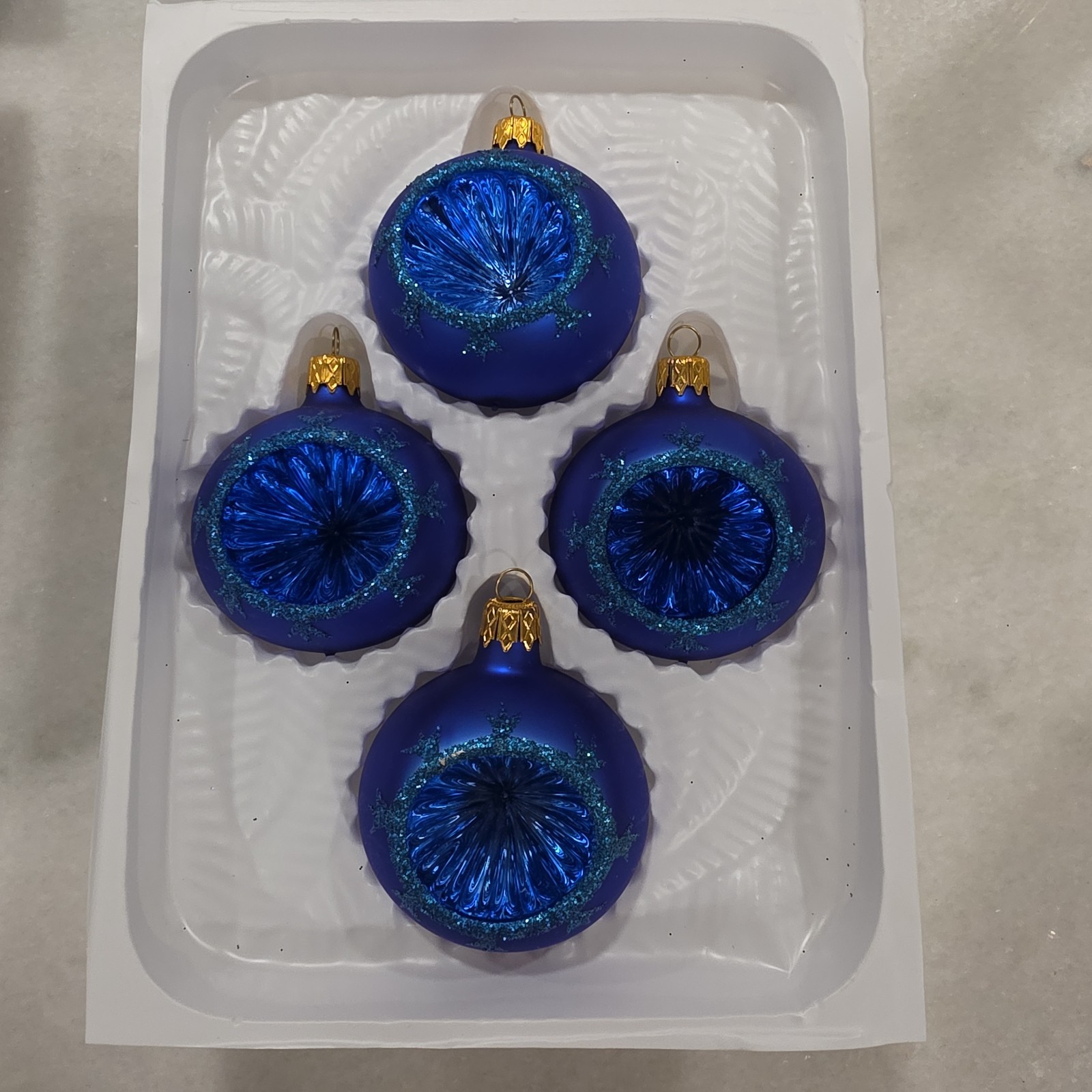 Sears Roebuck Indent Ornaments Celebrate the Season Glass Blue Glitter Set of 4