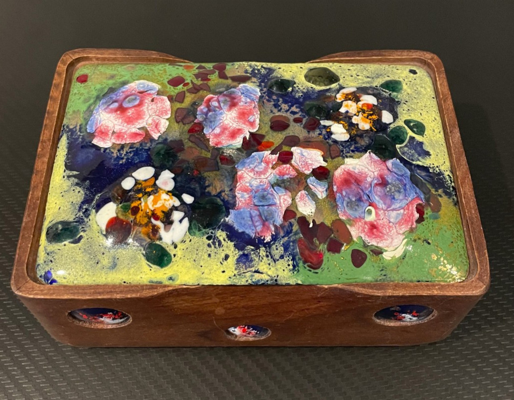 Vintage Spanish Enamel on Copper Wood Trinket Jewelry Box Made in Spain MCM