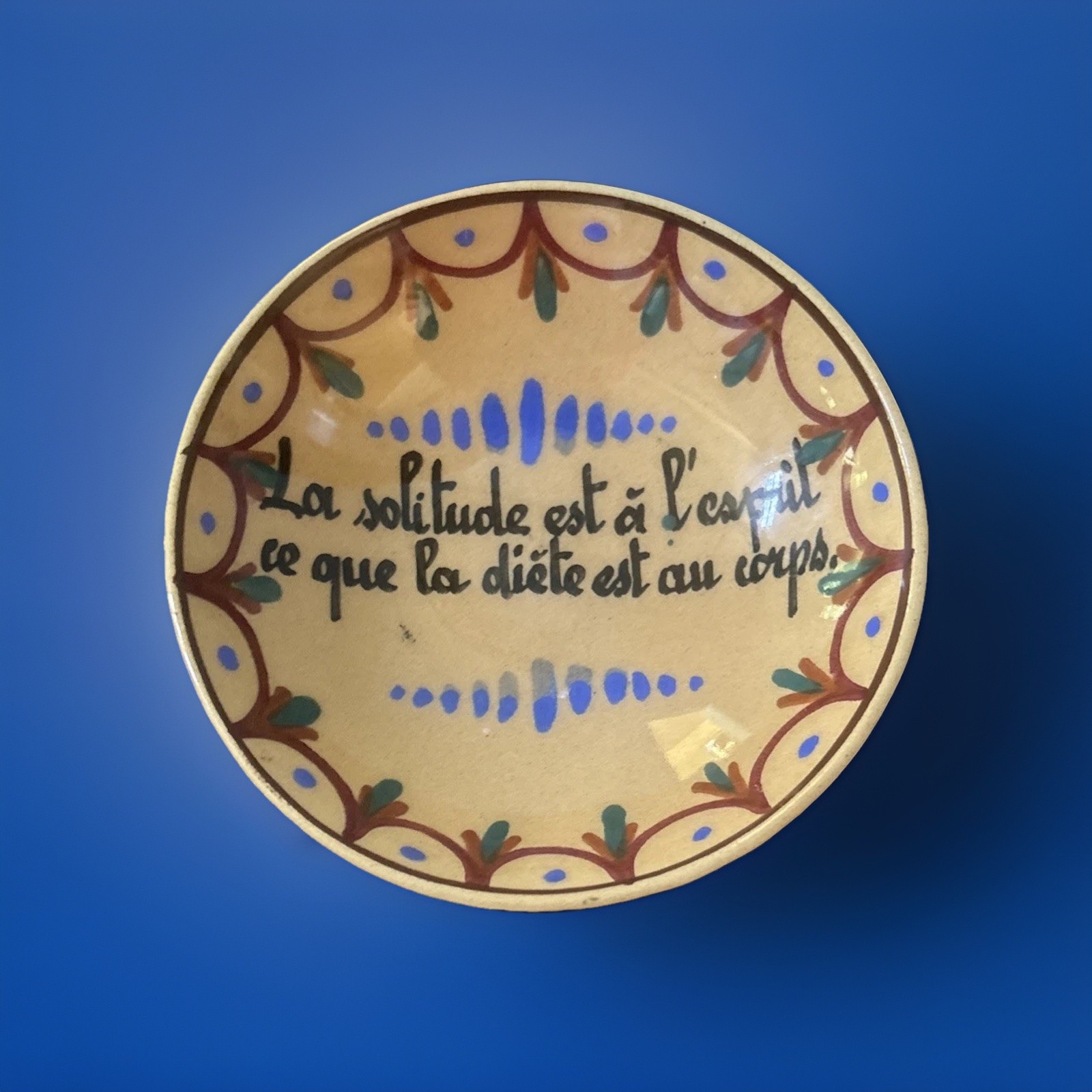 Vintage French Faience Small Decorative Handprinted Designs & Inscription