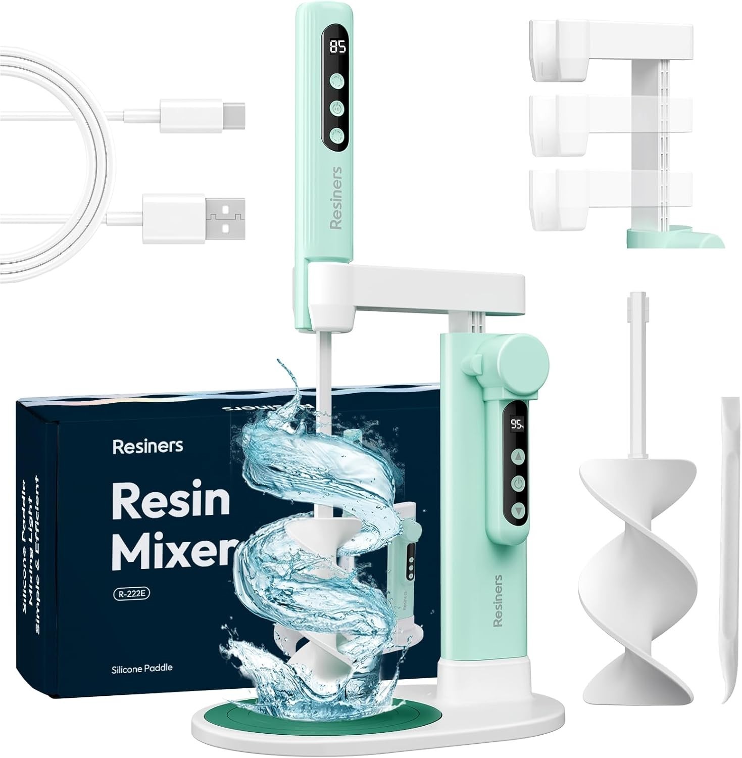 Electric Epoxy Resin Mixer with Stand LED Screen Silicone Paddles Bubble Free Pa