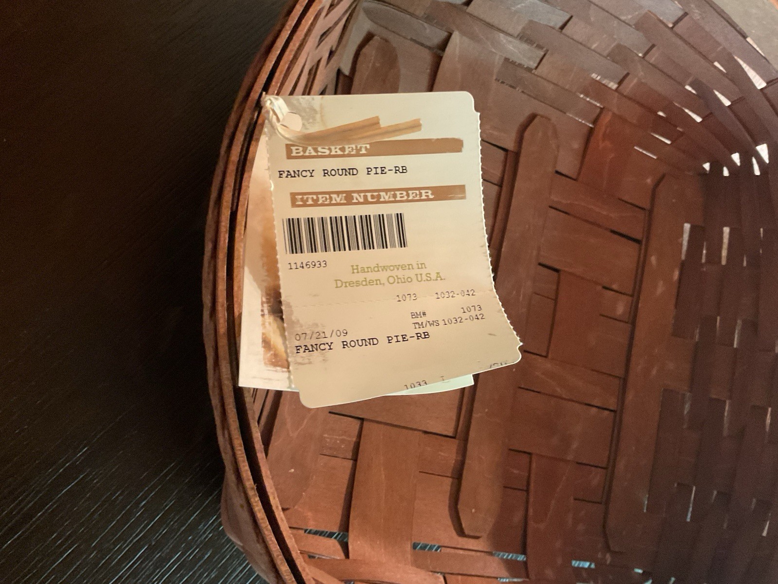Longaberger 2009 Rich Brown Pie Basket W/Handle~Brand New~Complete Set