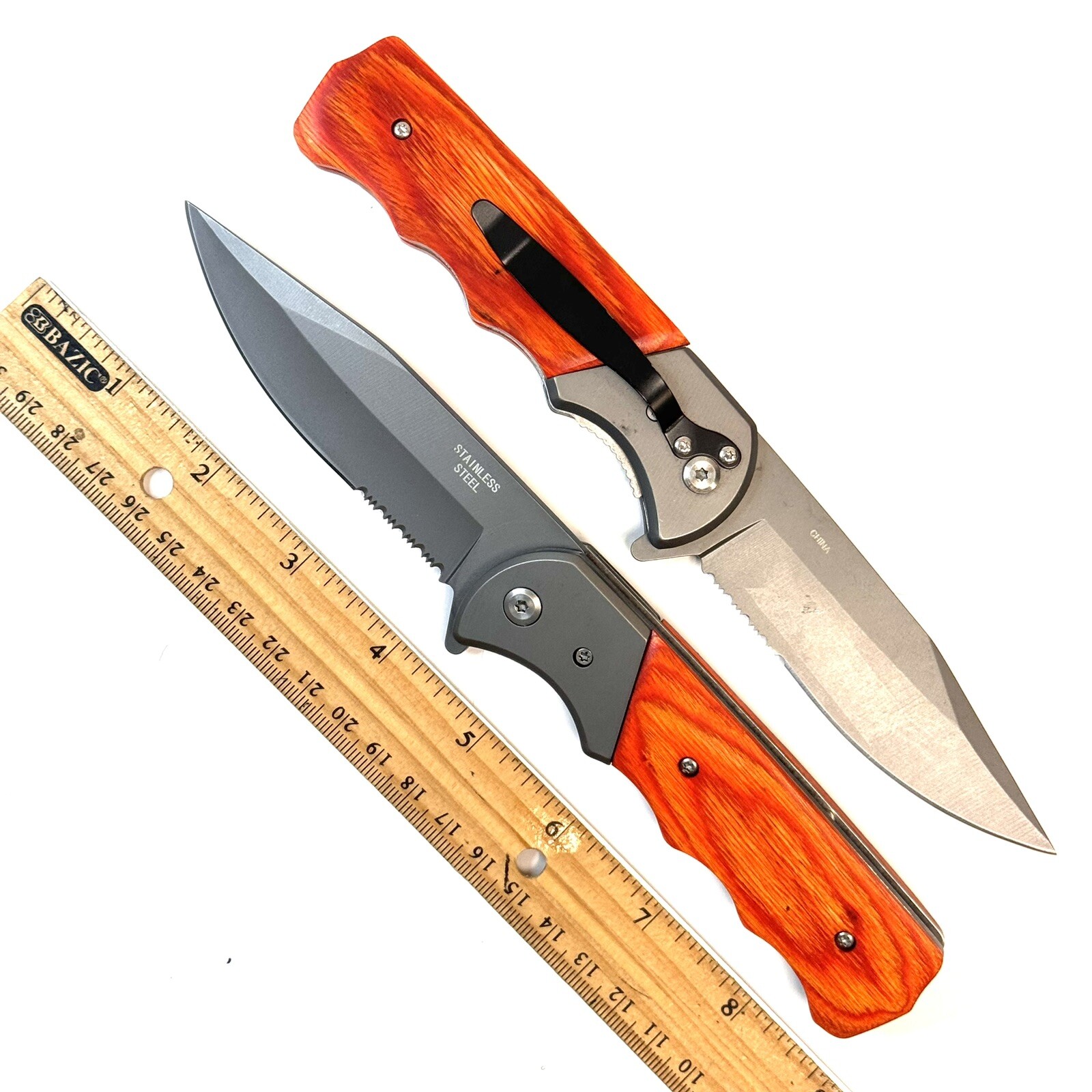 9″ Wood Handle Titaniim Coating Spring Assisted Open Blade Folding Pocket Knife