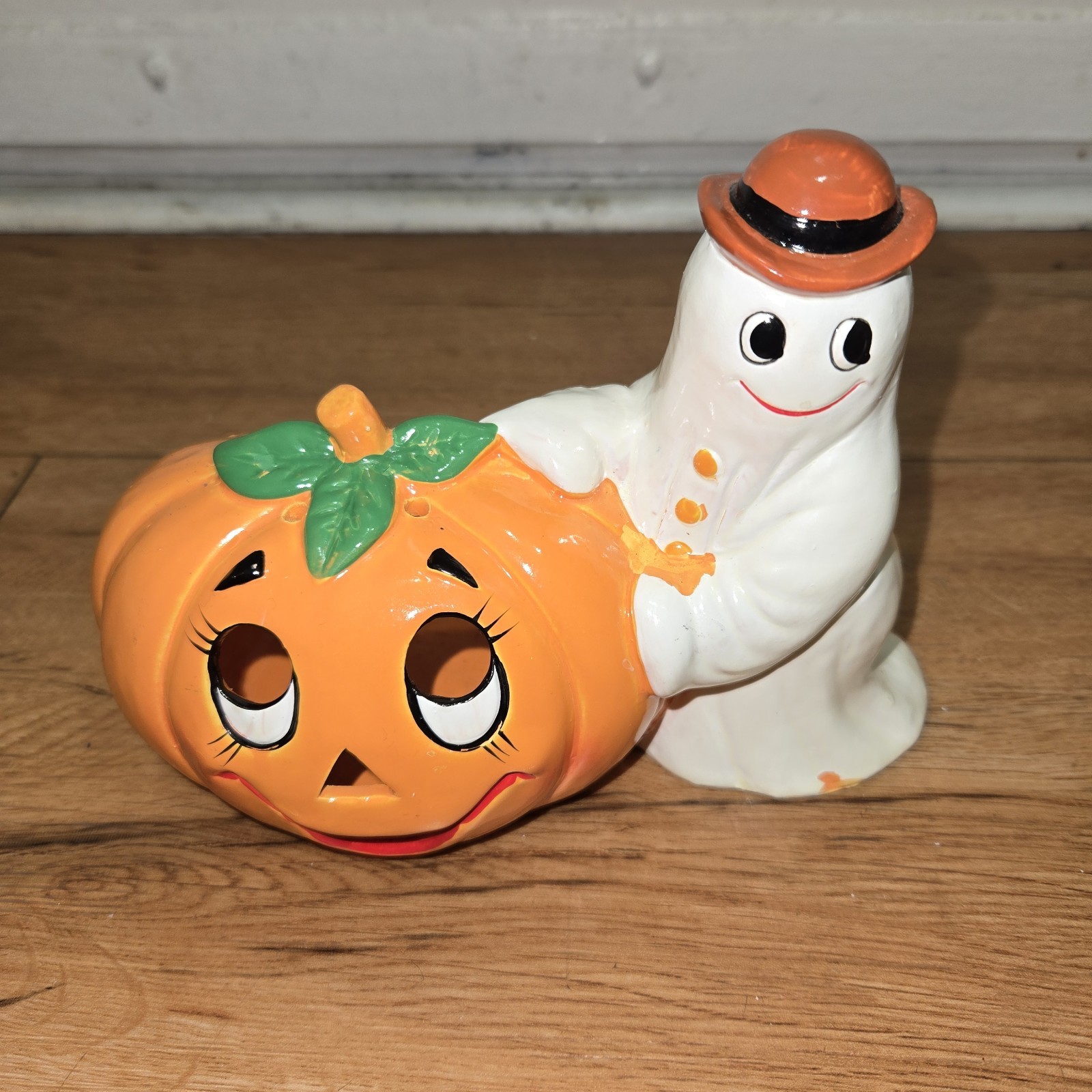 1986 Vintage Lefton Korea Halloween Ghost & Jack o Lantern Pumpkin 05646