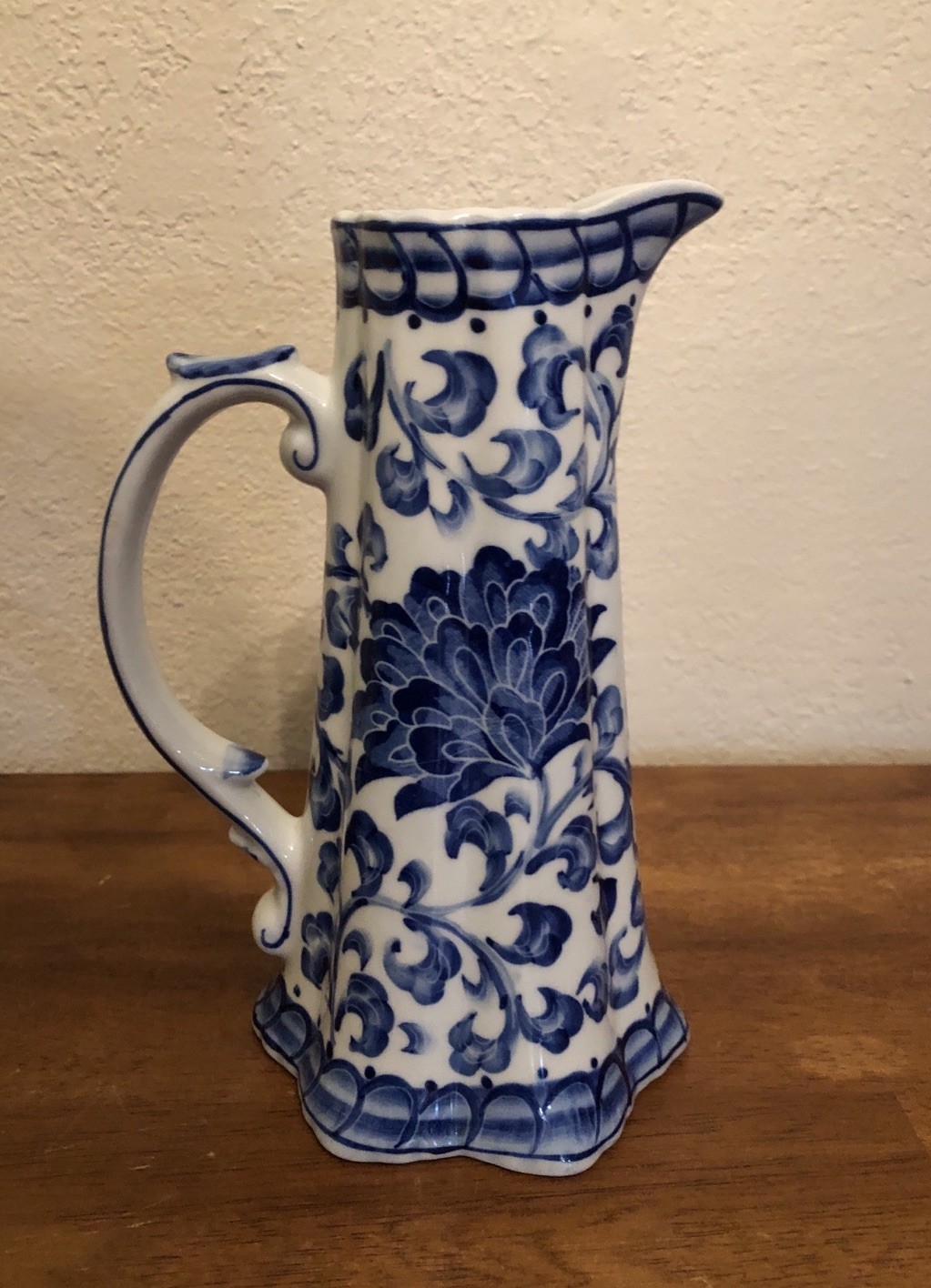 Andrea By Sadek Blue White Floral Delft Style Pitcher Vase Chinoiserie 8.5 In