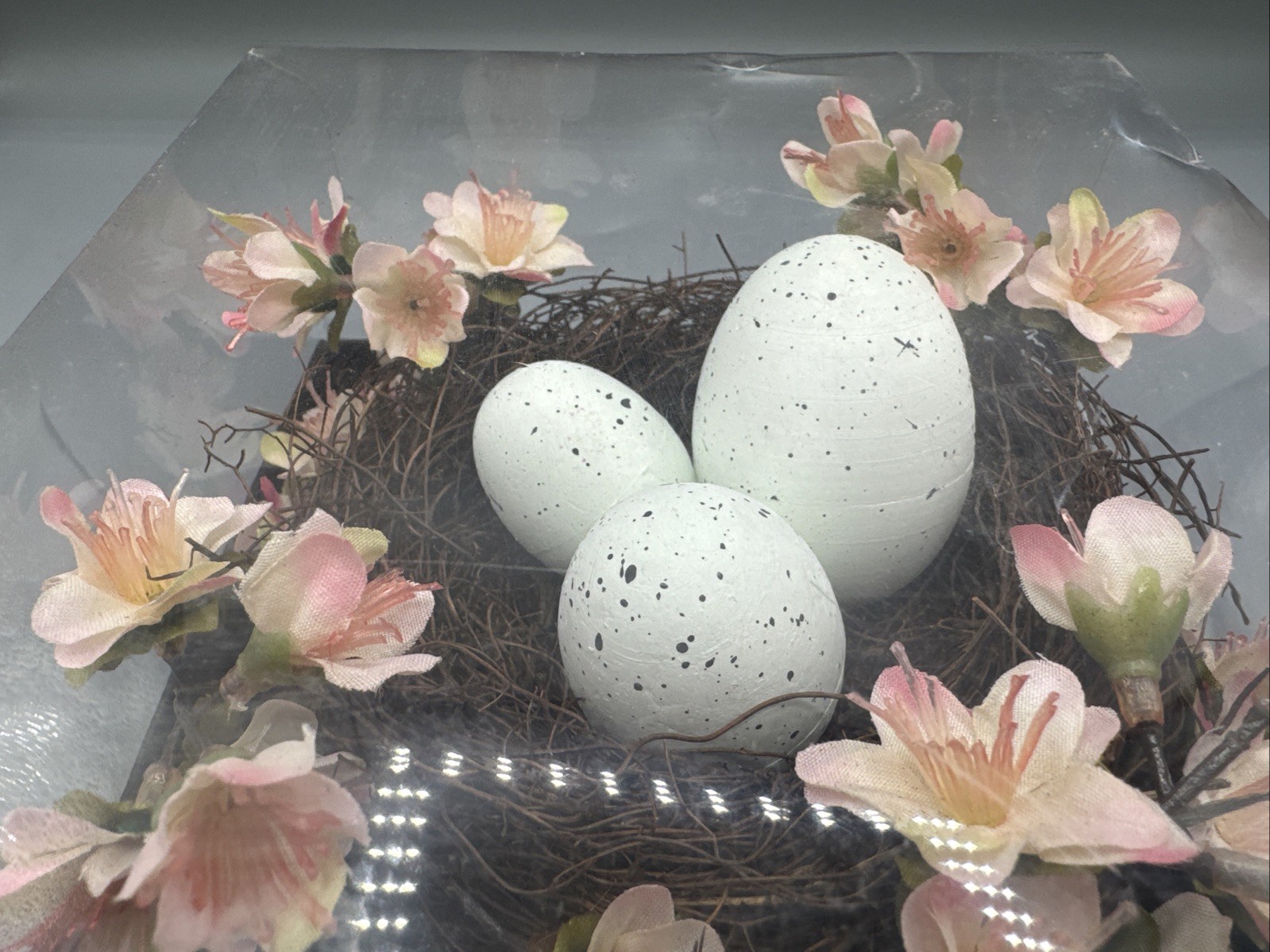 Birds Nest w/Three Speckled Eggs and Silk Flowers Decor 5” Nest (In Gift Box)