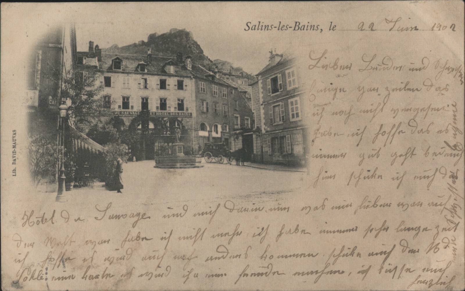 Salins-les-Bains, France Town Square, Fountain, Jura 1922 Vintage Postcard