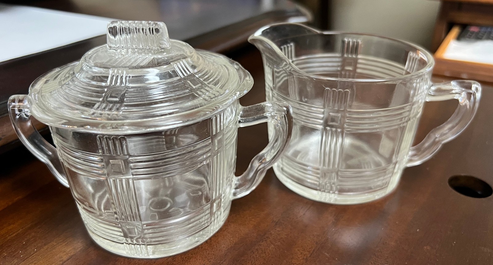 Vintage Hazel Atlas Criss Cross Sugar Bowl with Lid and Matching Creamer.