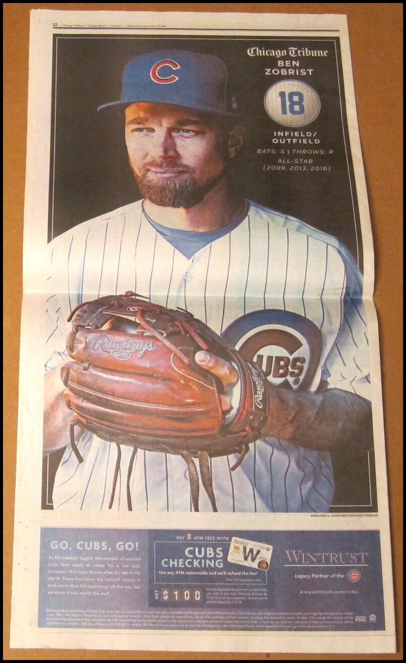 9/27/2017 Chicago Tribune Sports Ben Zobrist Poster Cubs Jake Arrieta Magic # 1