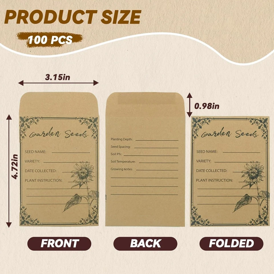 100 Pcs Seed Storage Envelopes 4.72 x 3.15 Inch Kraft Paper Seed Saving Bags